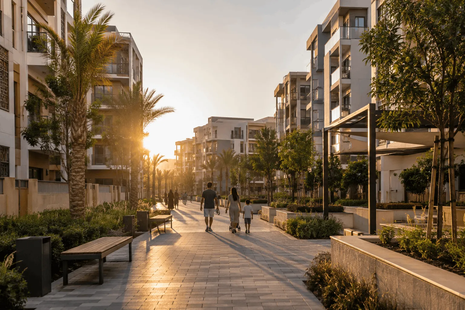 New mid-rise residential community in an emerging Dubai district at golden hour