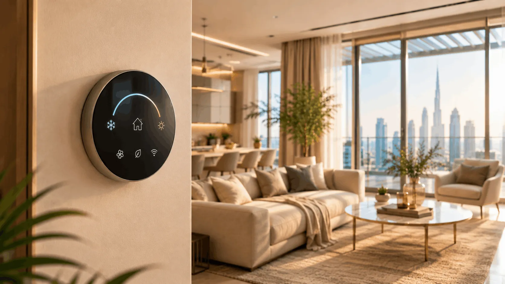 Wall thermostat controlling district cooling in a Dubai apartment living room