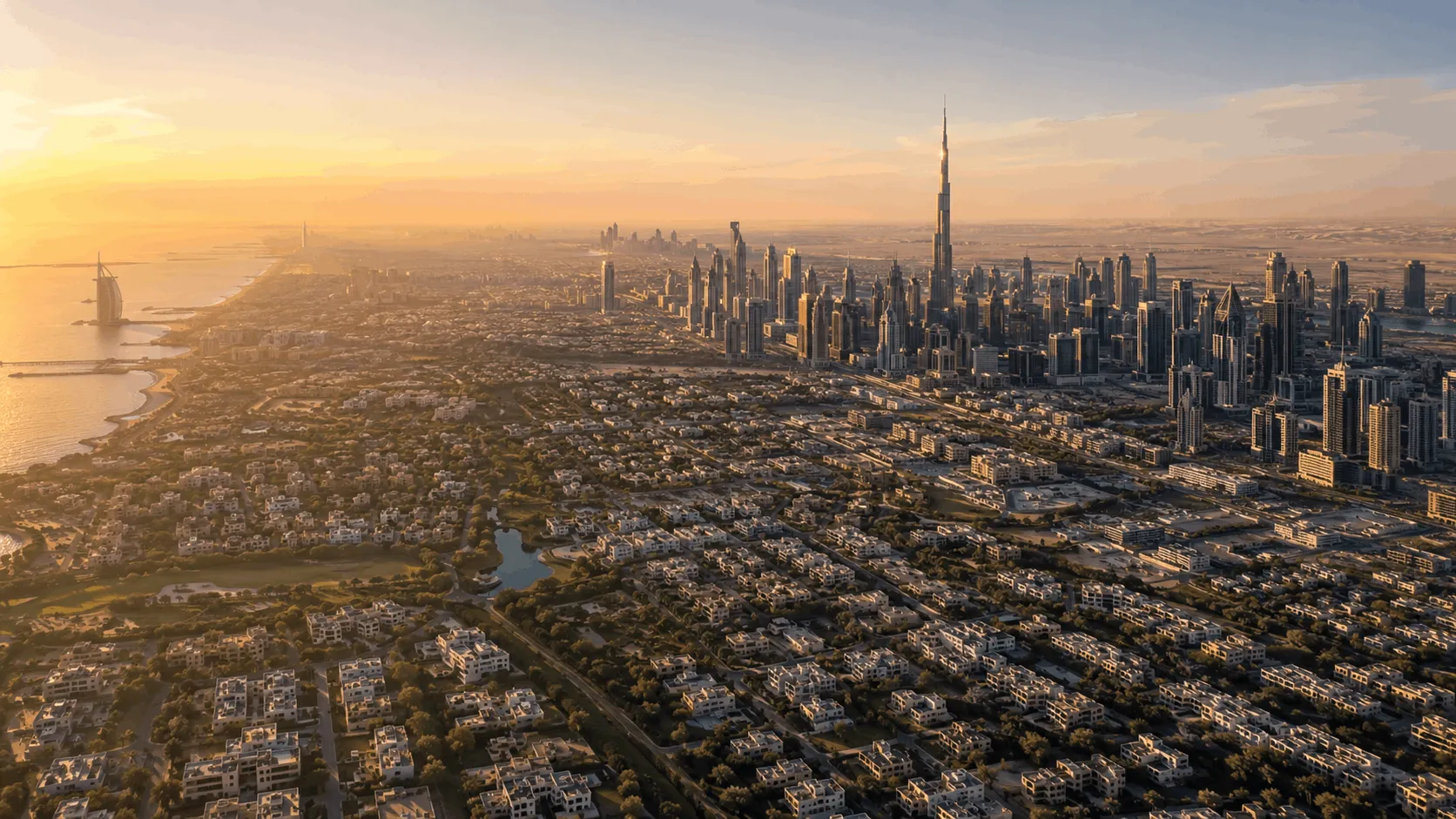 Aerial view across Dubai's freehold communities from the coast toward Dubailand at golden hour