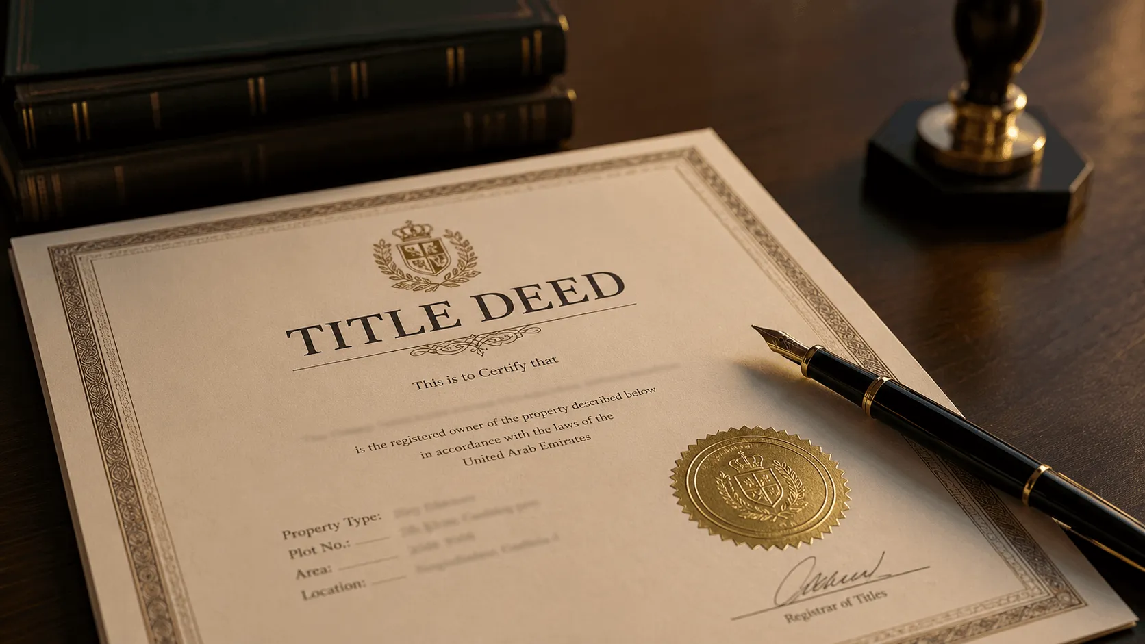 Title deed document representing absolute freehold ownership in Dubai