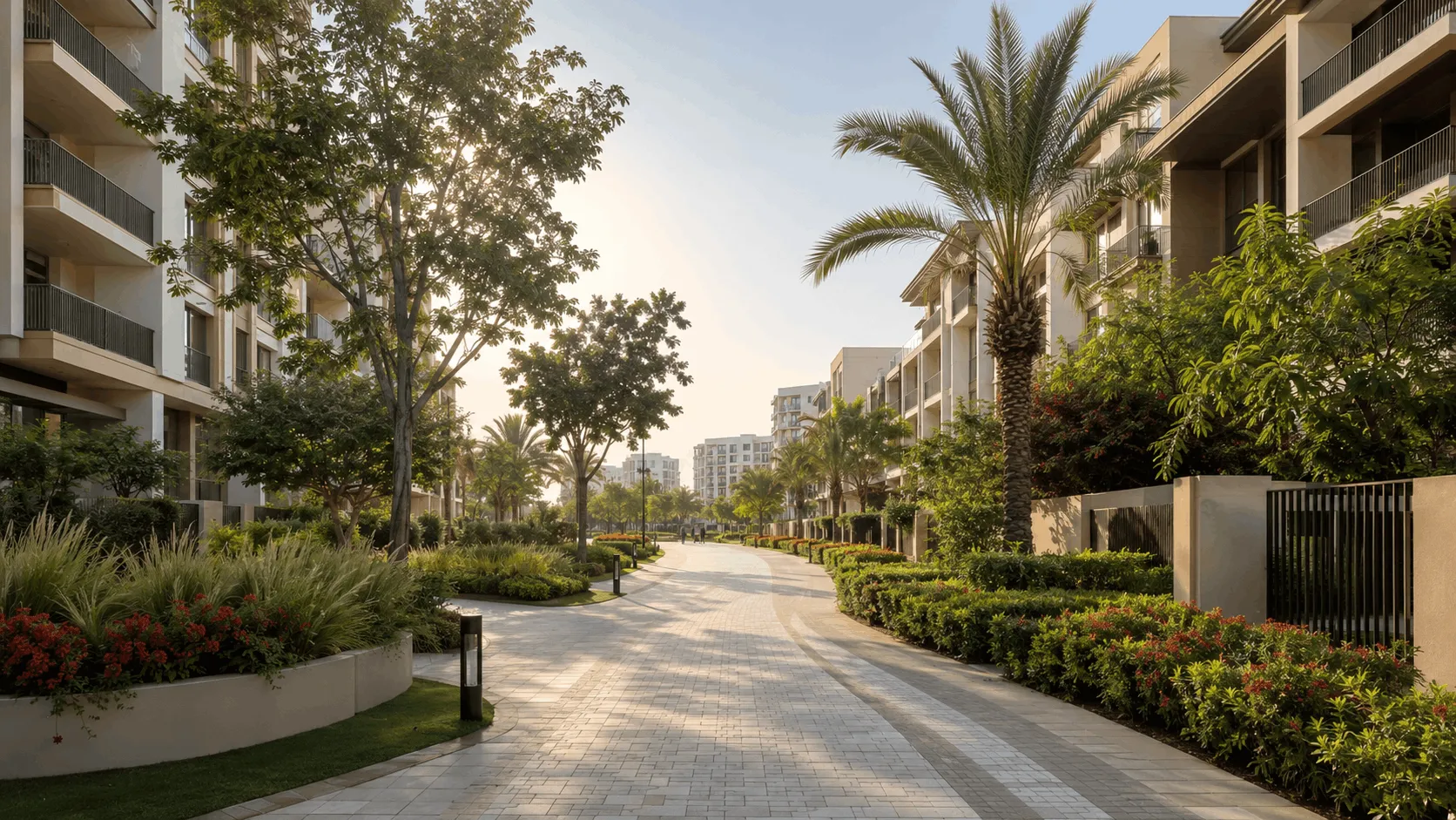 Landscaped street in a freehold Dubai community popular with international buyers
