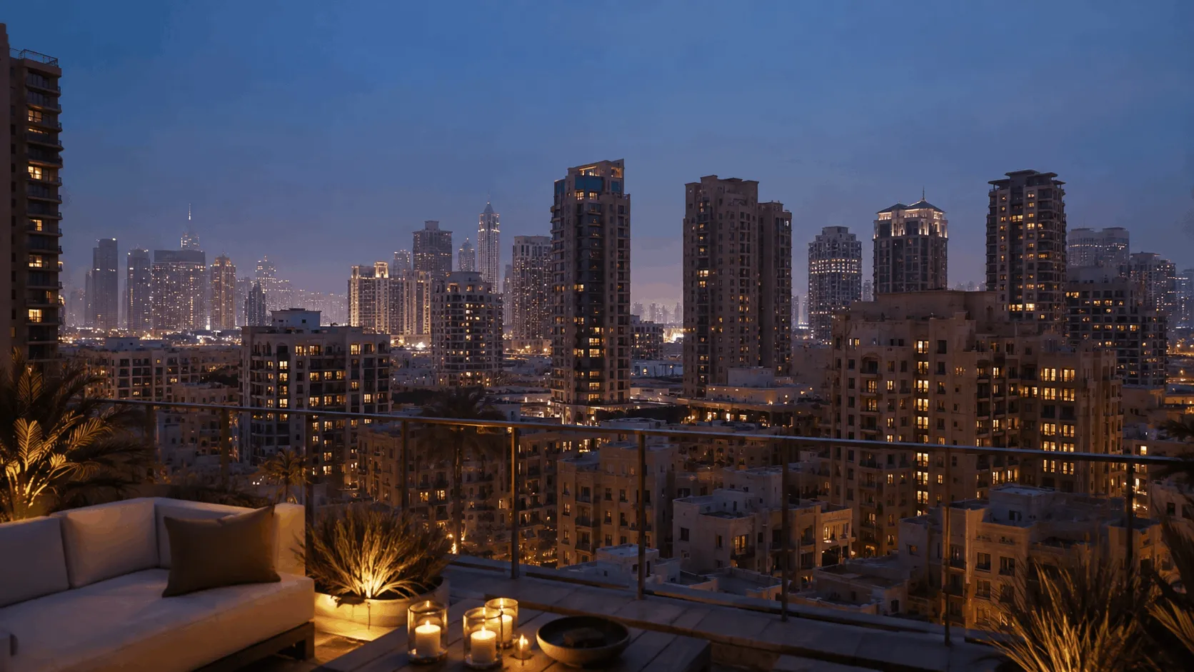 Dubai residential skyline at evening, thousands of rented apartments lit across the districts
