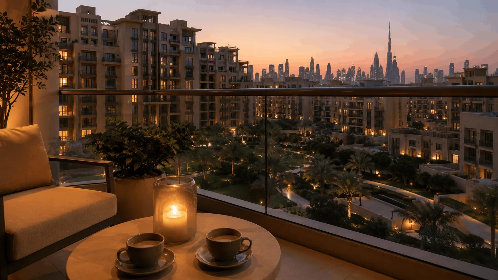 Balcony of a rented apartment overlooking a landscaped Dubai community at dusk