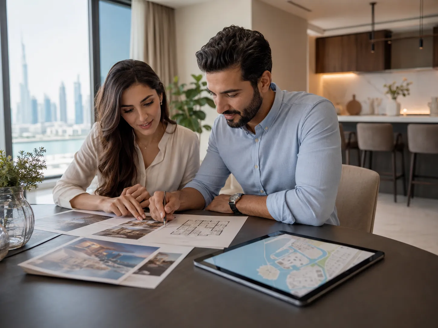 Couple reviewing Dubai property area guides and floor plans during home buying research