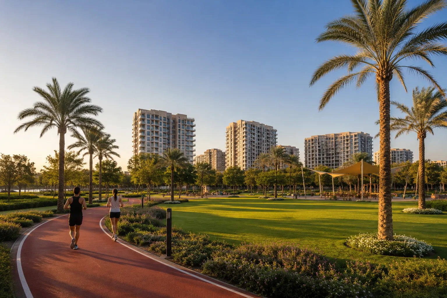 DLRC Dubai community park with jogging track and modern apartments morning light