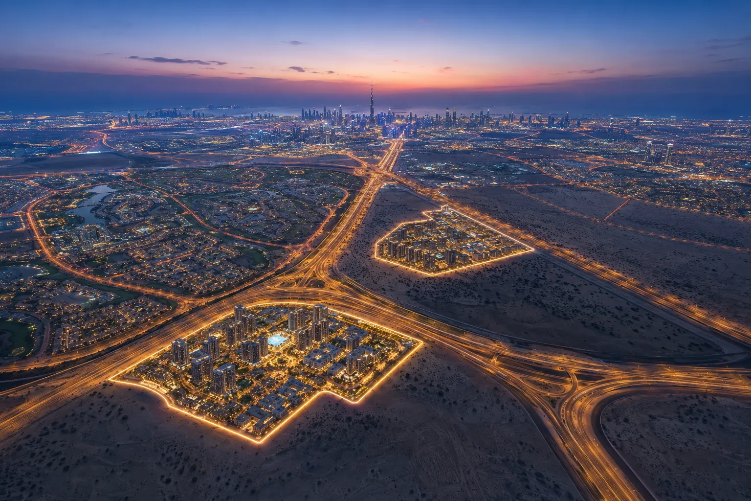 Aerial map view showing DLRC and JVC locations relative to Dubai major roads and landmarks