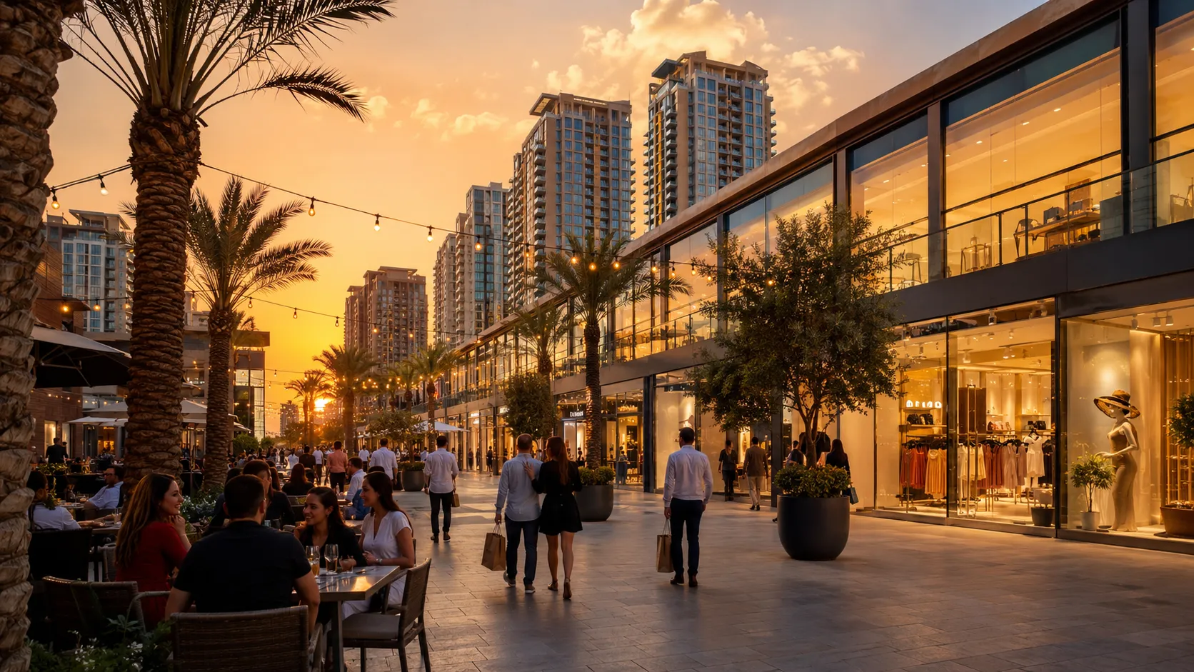 JVC Circle Mall retail area with outdoor dining and residential towers in background Dubai