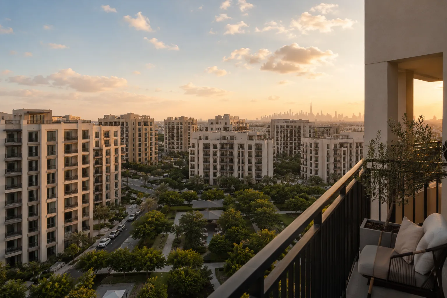 View from DLRC apartment balcony showing community skyline mid-rise buildings and open spaces