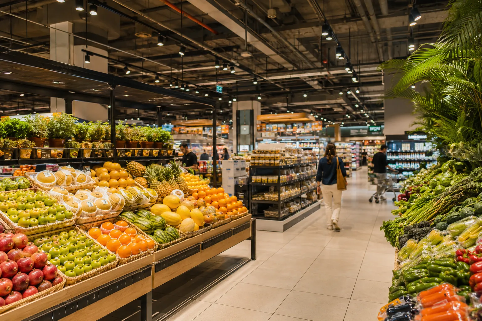 Supermarket interior in DLRC Dubai with fresh produce and well-stocked aisles for daily essentials