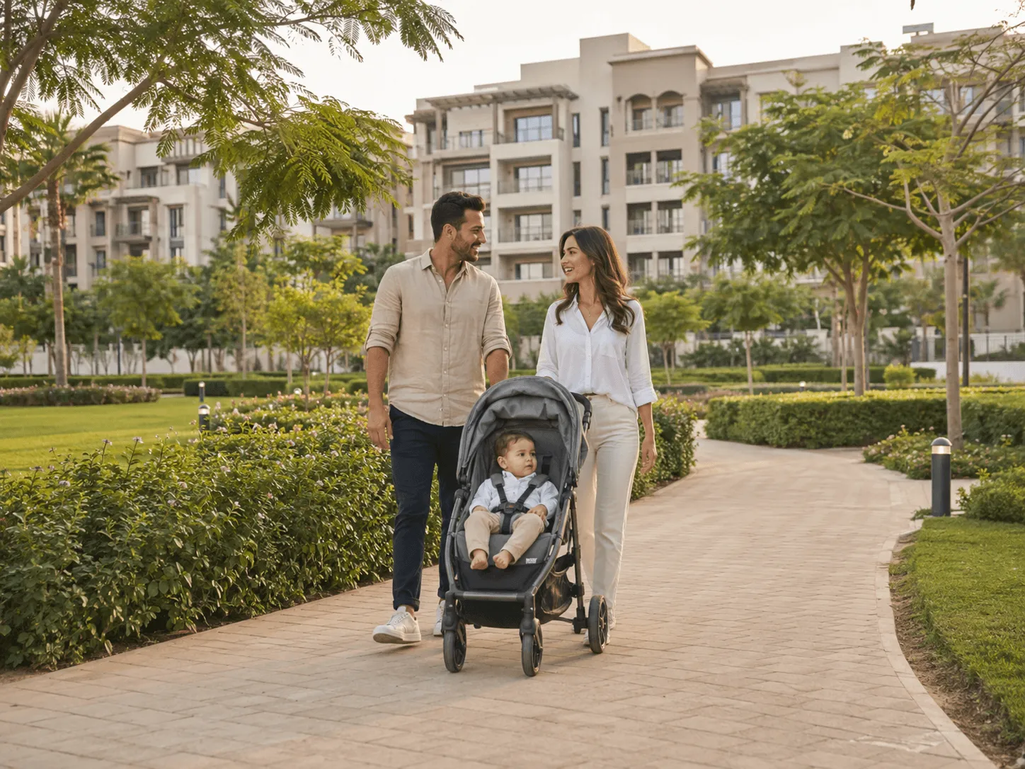 Family walking in DLRC community park with green spaces and residential buildings in background