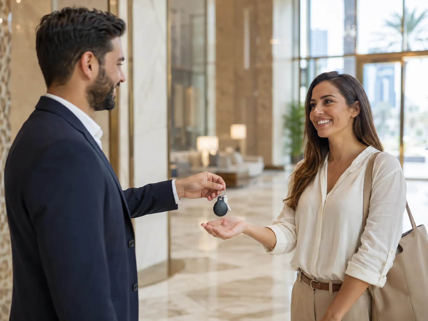 Property manager handing apartment keys to tenant in Dubai residential building lobby