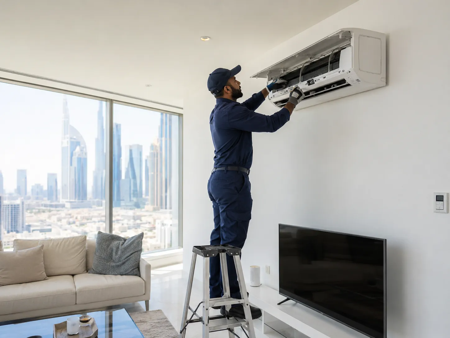 Maintenance technician servicing air conditioning unit in modern Dubai apartment