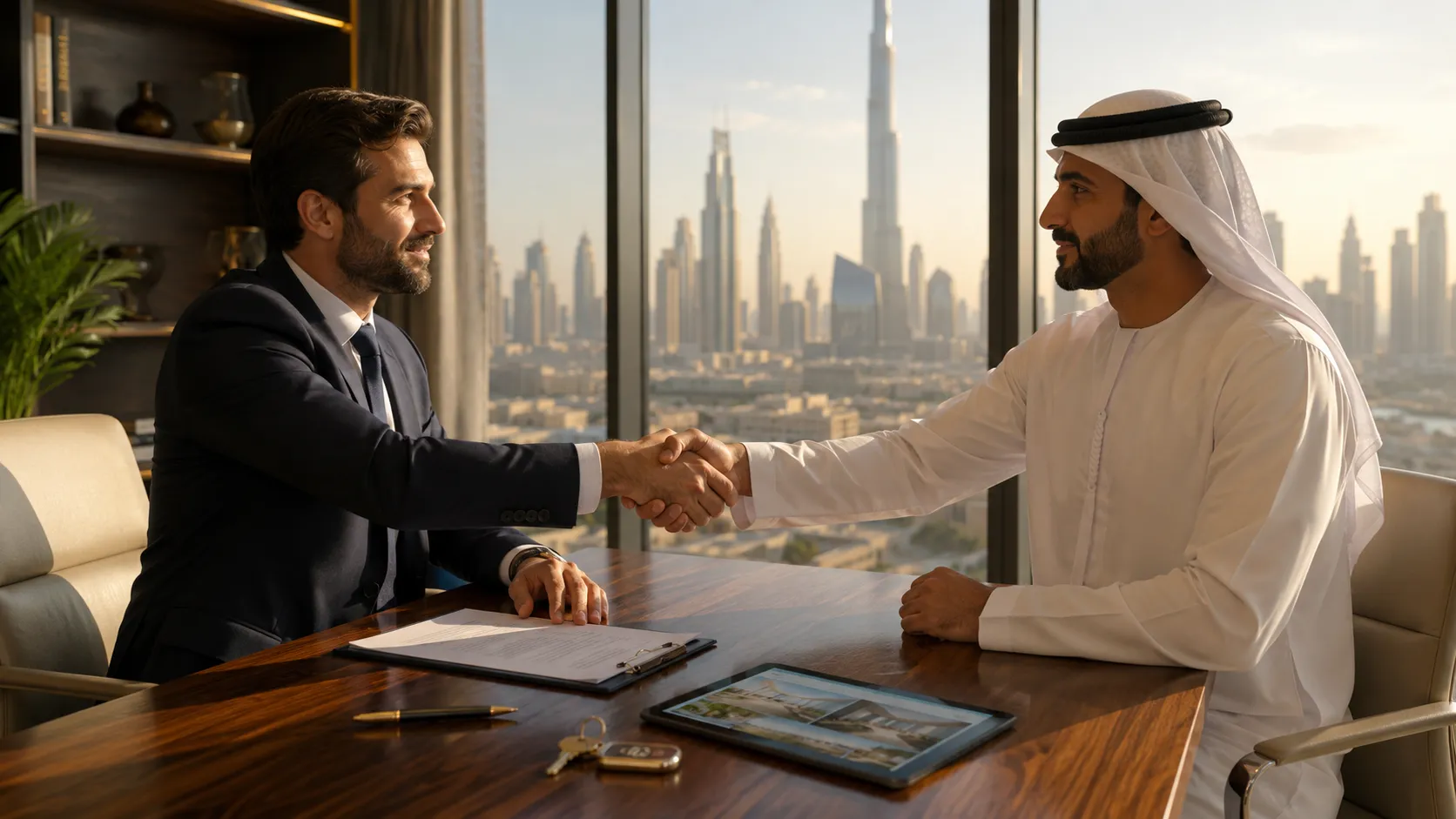 Completing a property sale transaction in a Dubai real estate office