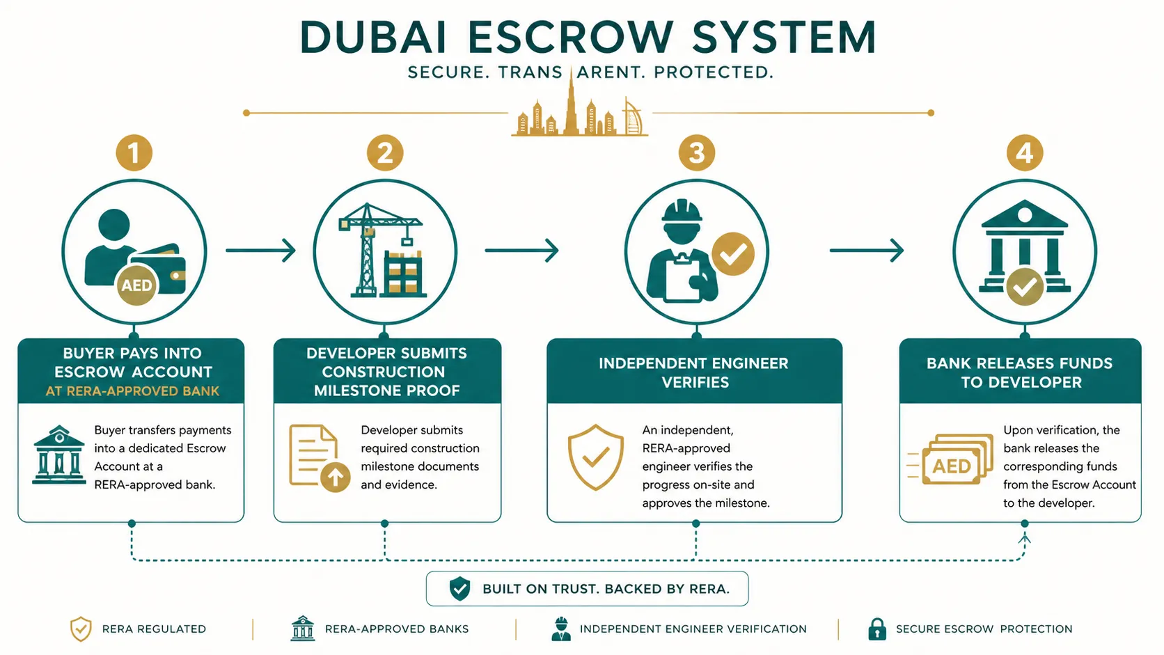 Infographic showing how Dubai RERA escrow accounts protect off-plan property buyers through milestone-linked drawdowns
