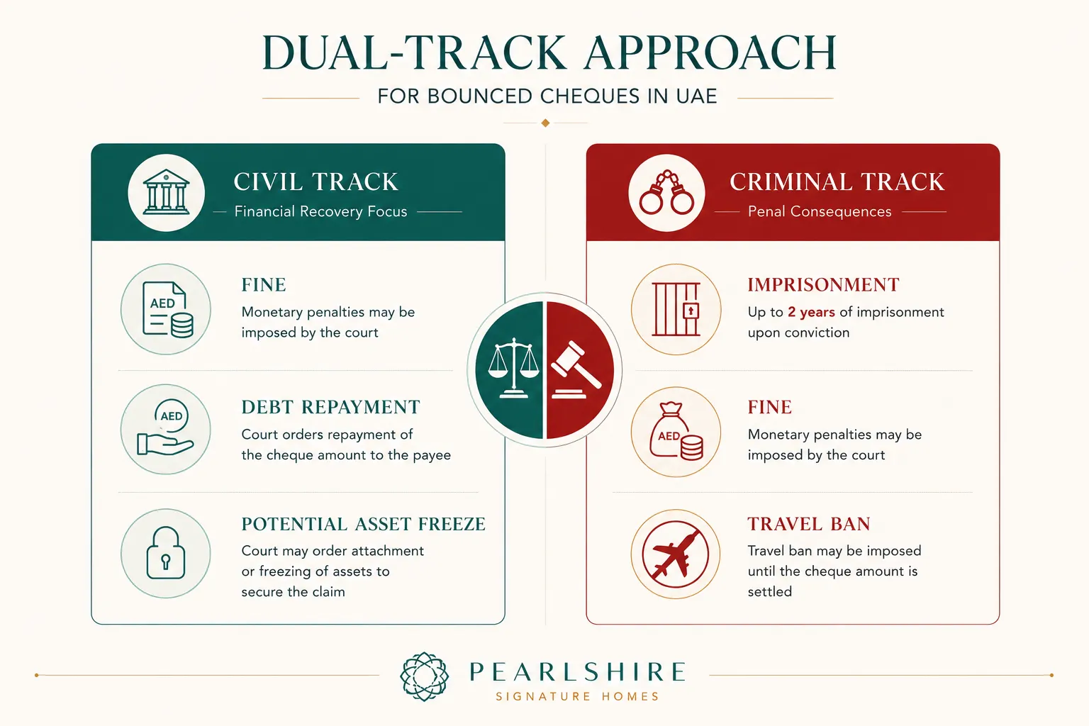 Comparison infographic showing civil versus criminal penalties for bounced cheques in the UAE 2026
