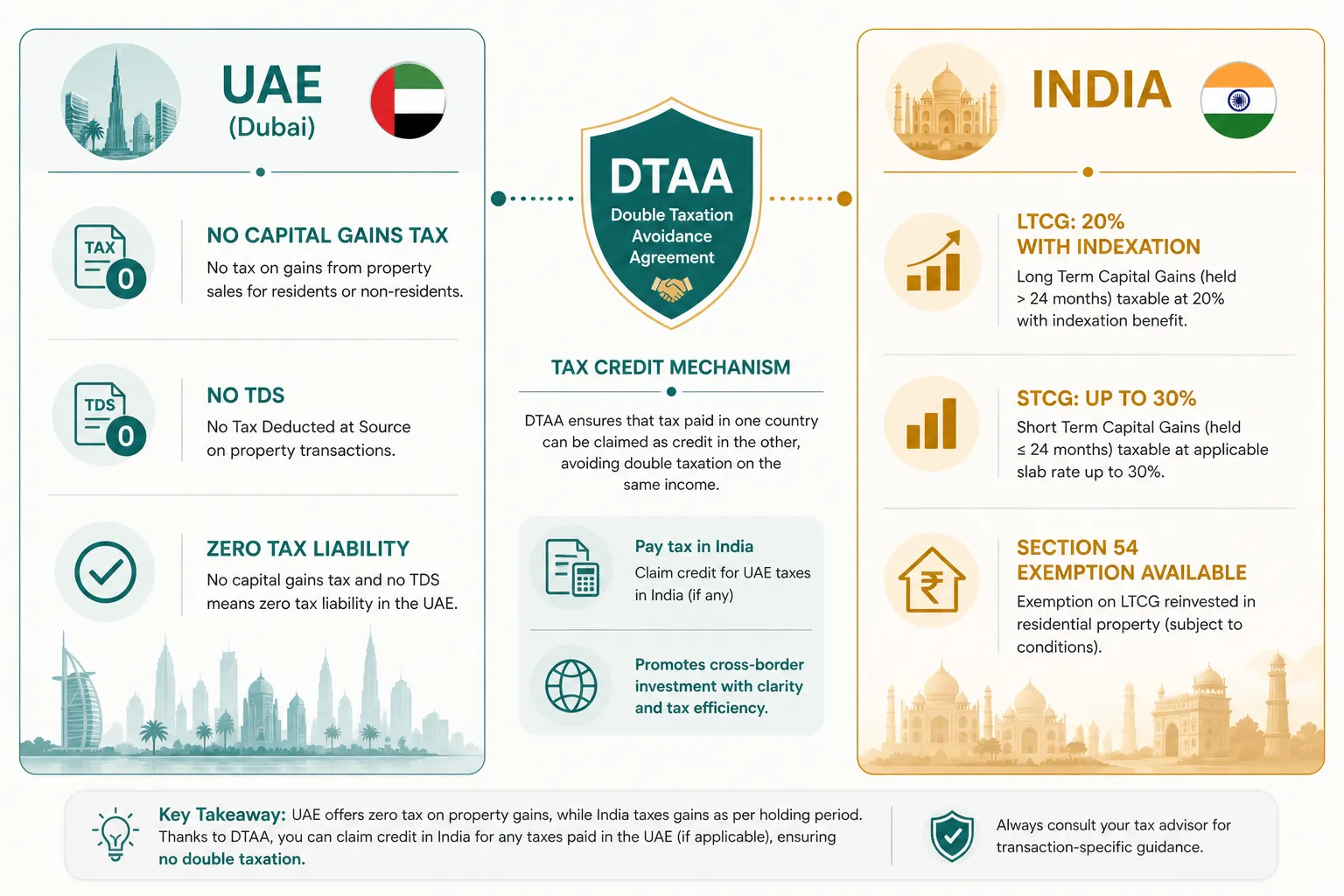 Infographic explaining the India-UAE Double Taxation Avoidance Agreement for NRI property sellers