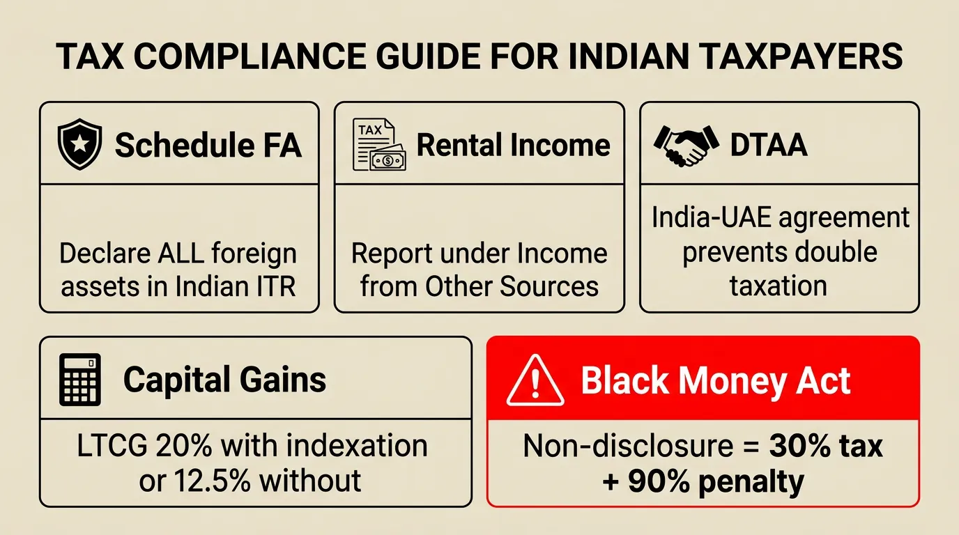 Infographic: Indian tax obligations when you own Dubai property, covering Schedule FA, rental income, DTAA, capital gains and Black Money Act rules
