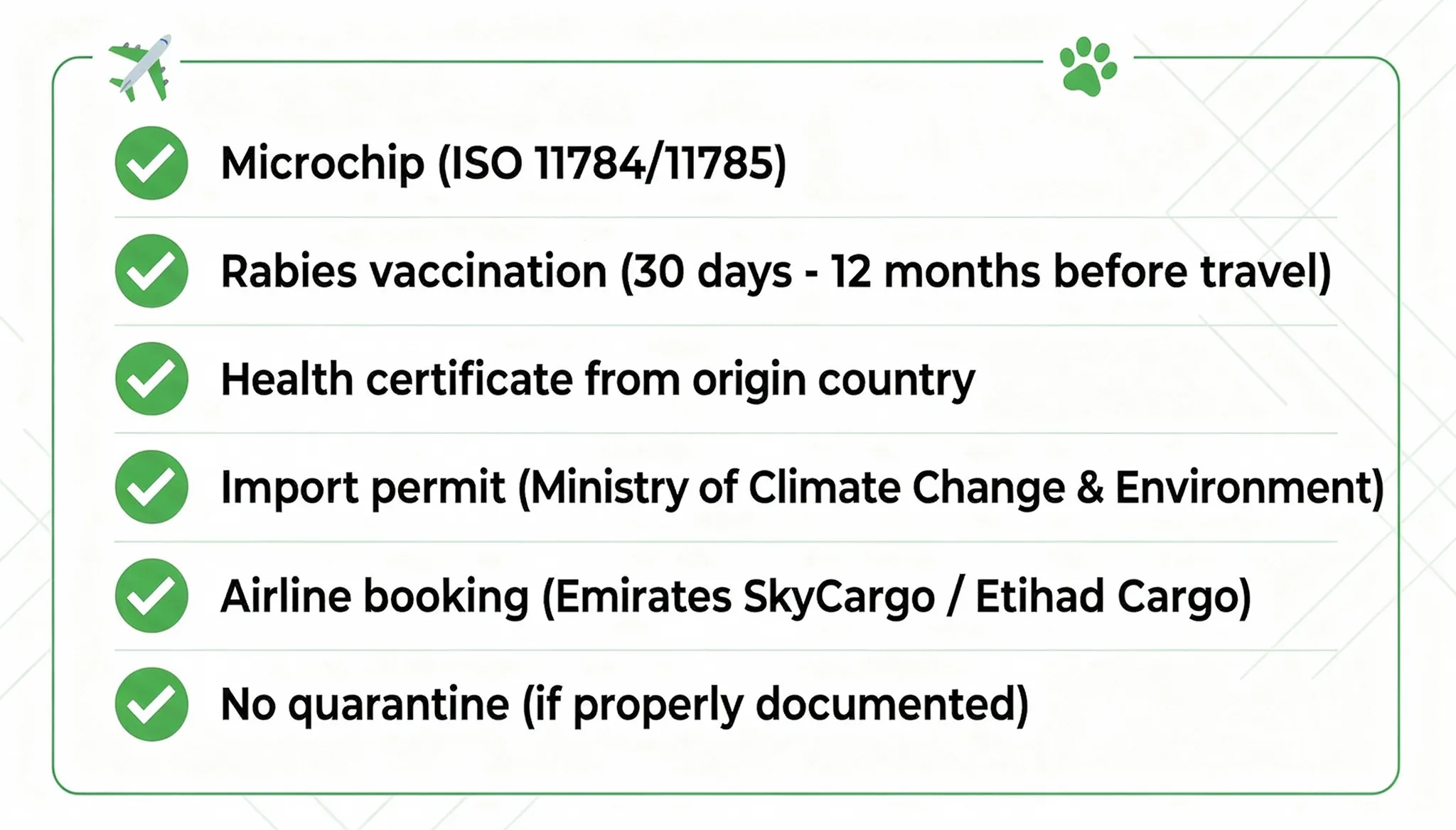 Checklist: requirements for moving to Dubai with pets, including microchip, rabies vaccination, health certificate, import permit, airline booking and no quarantine