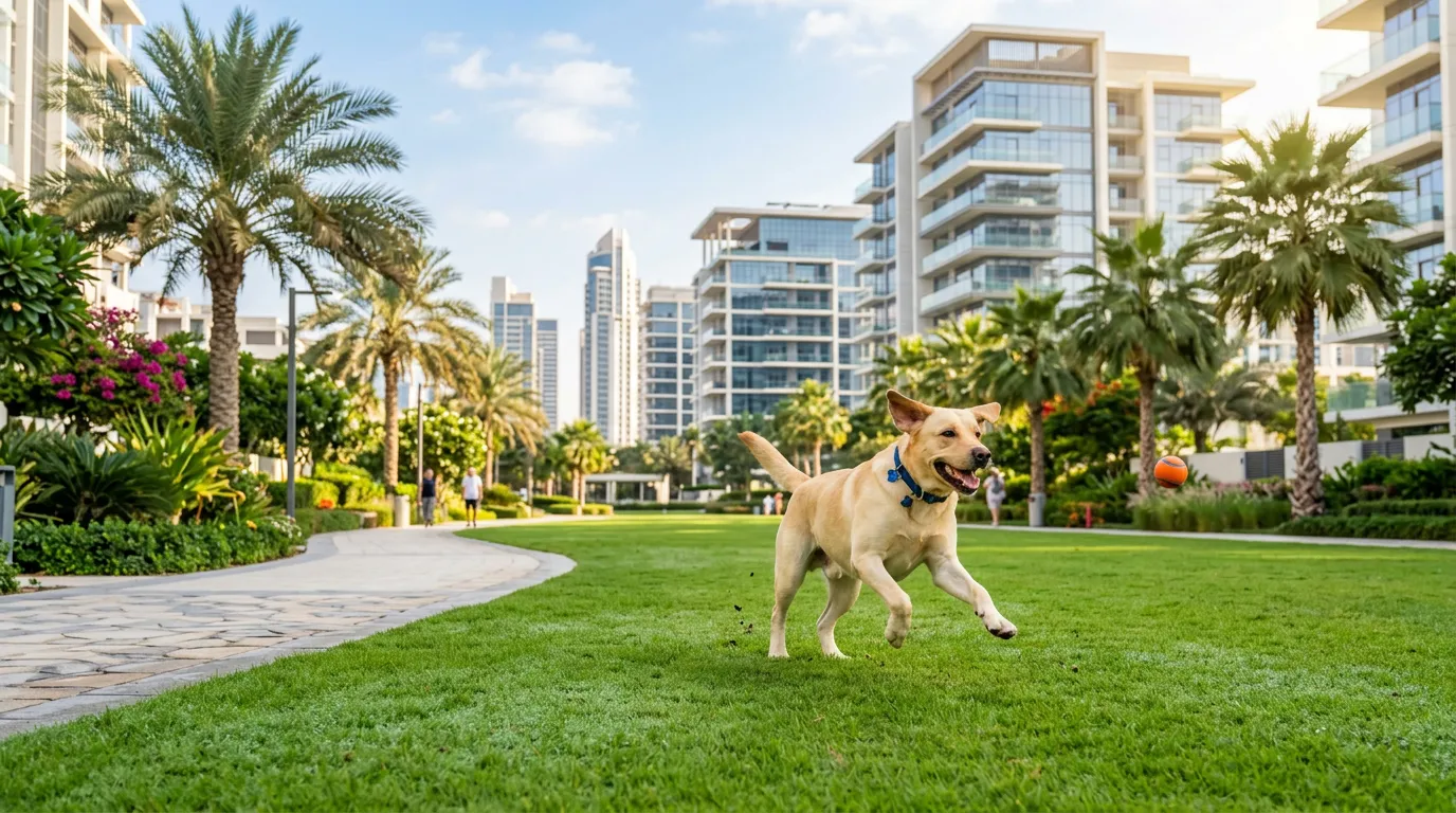 A dog running on a green lawn in a landscaped Arjan community park with palm trees and apartment buildings behind
