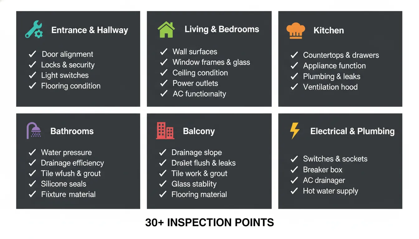 Infographic: the complete Dubai property snagging checklist for 2026, with 30+ inspection points grouped by entrance, living areas, kitchen, bathrooms, balcony and electrical