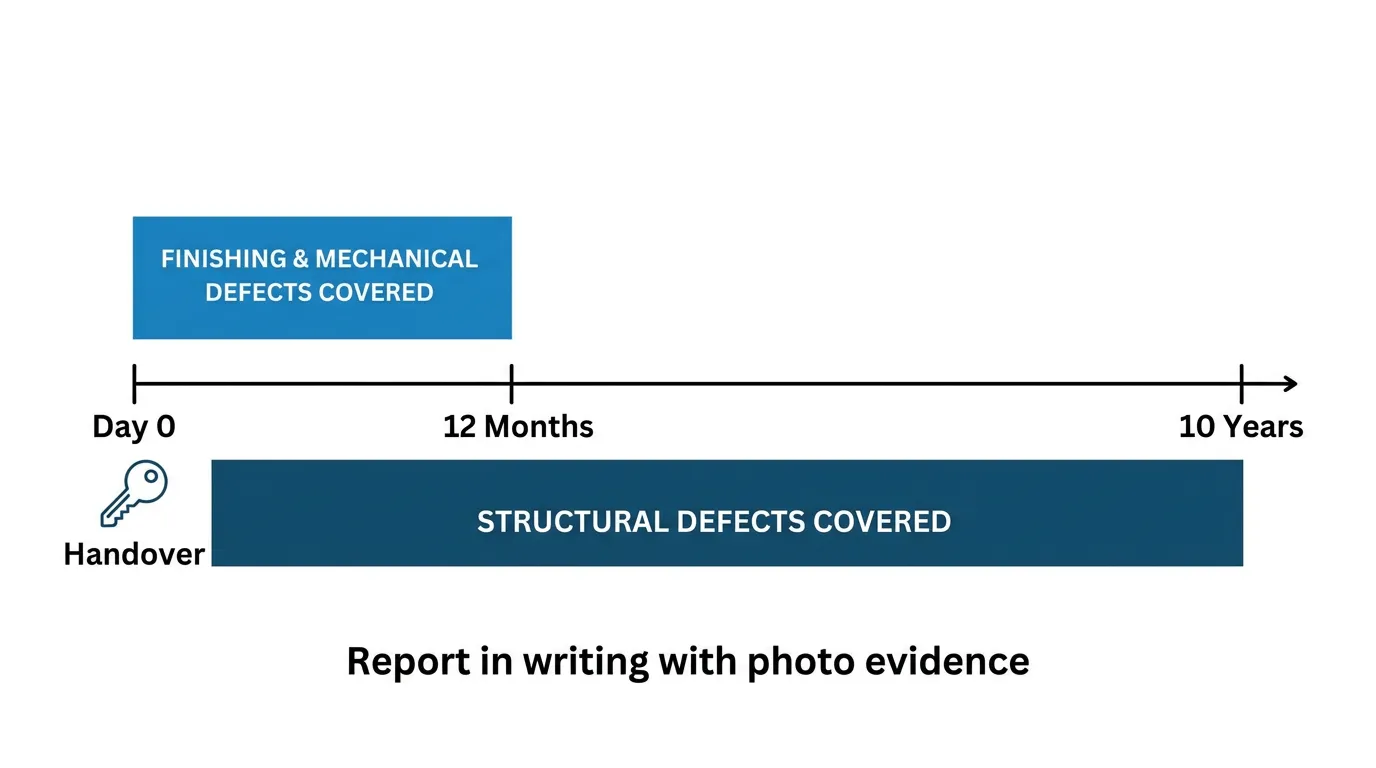 Timeline: Dubai Defect Liability Period from handover, showing 12 months of cover for finishing and mechanical defects and 10 years for structural defects