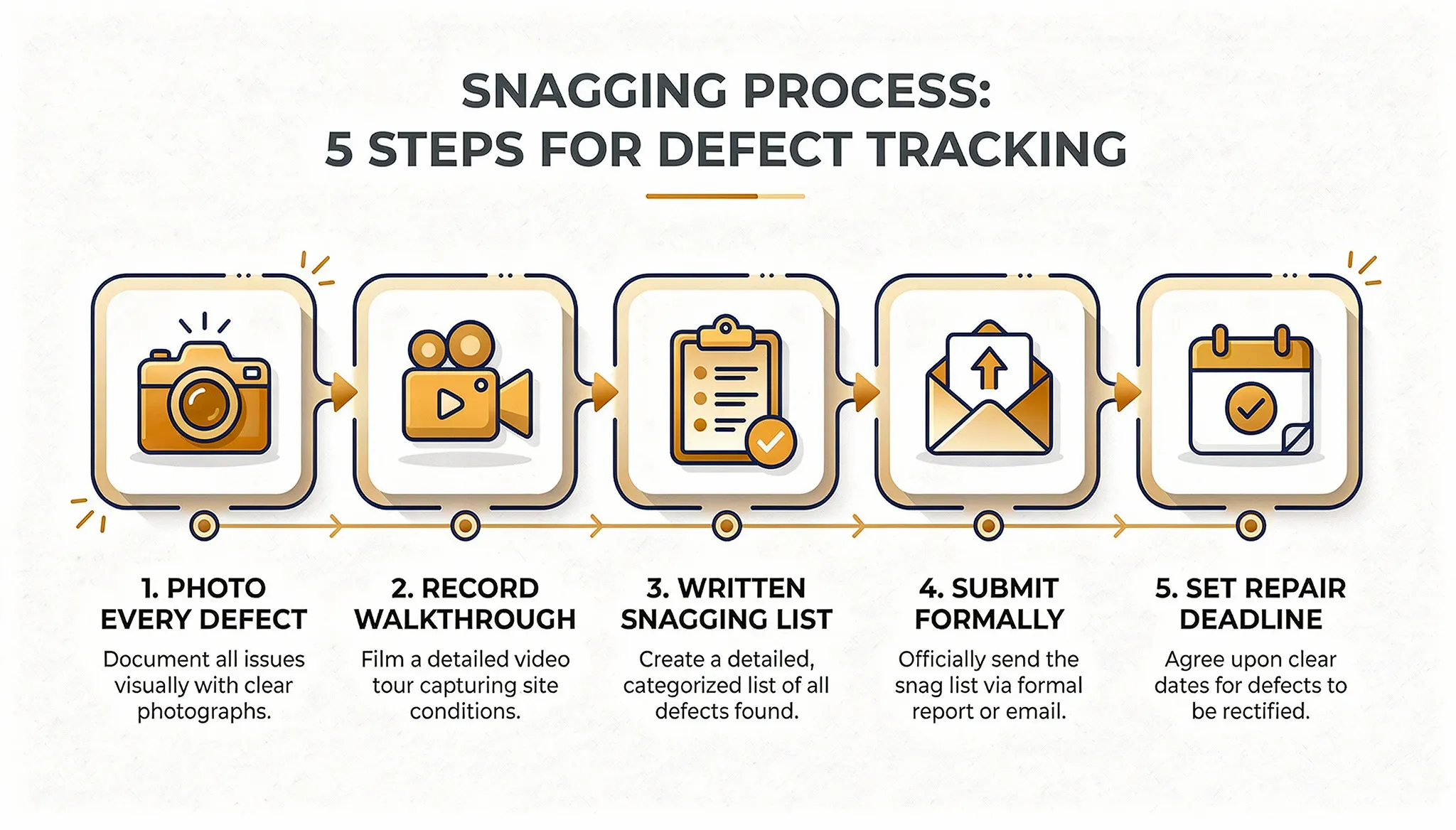 Flowchart: the snagging process in 5 steps for defect tracking, photograph every defect, record a walkthrough, create a written list, submit formally, and set a repair deadline