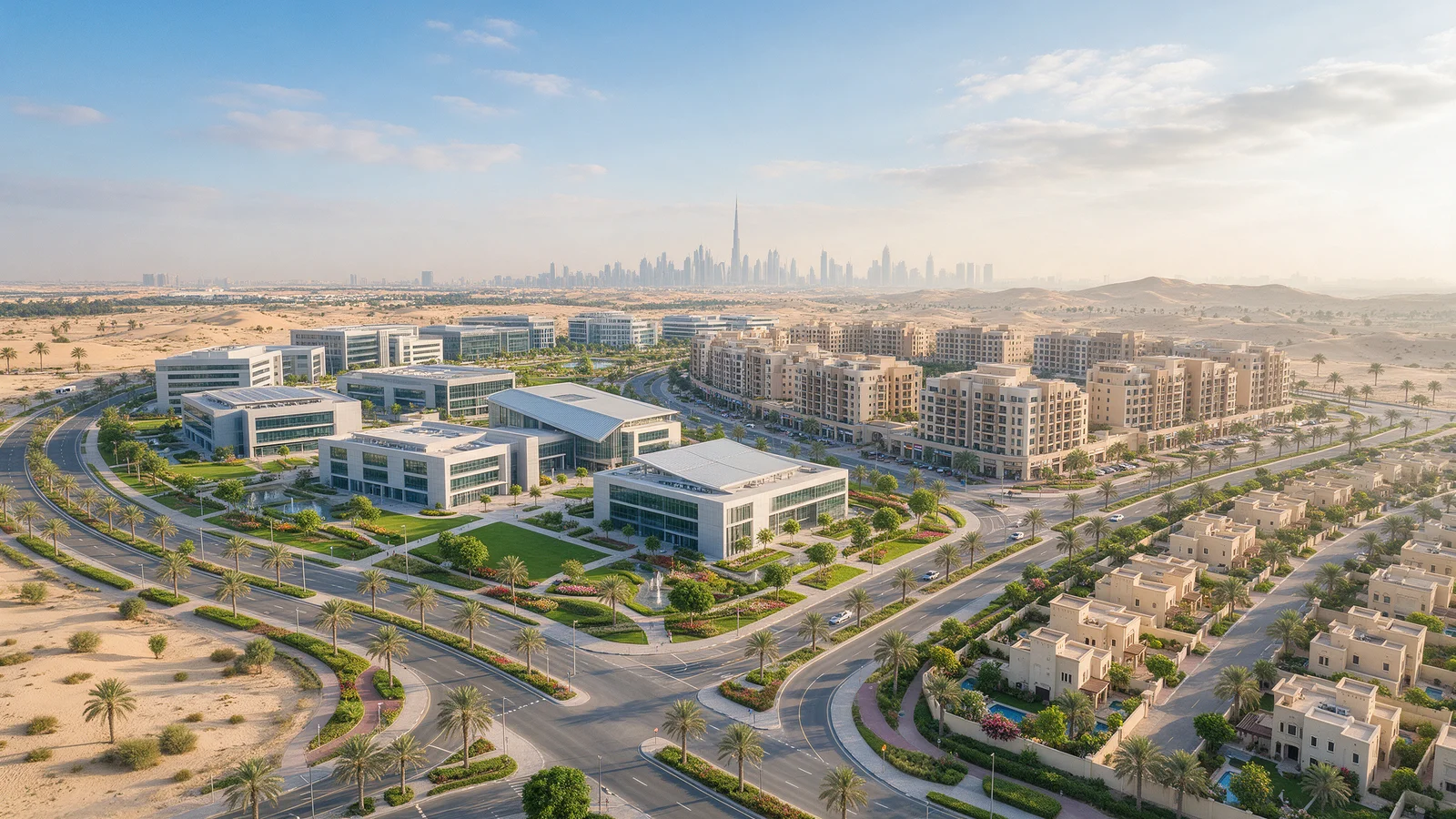 AI-generated illustration of a technology park and residential district in Dubai with offices, apartments and villas