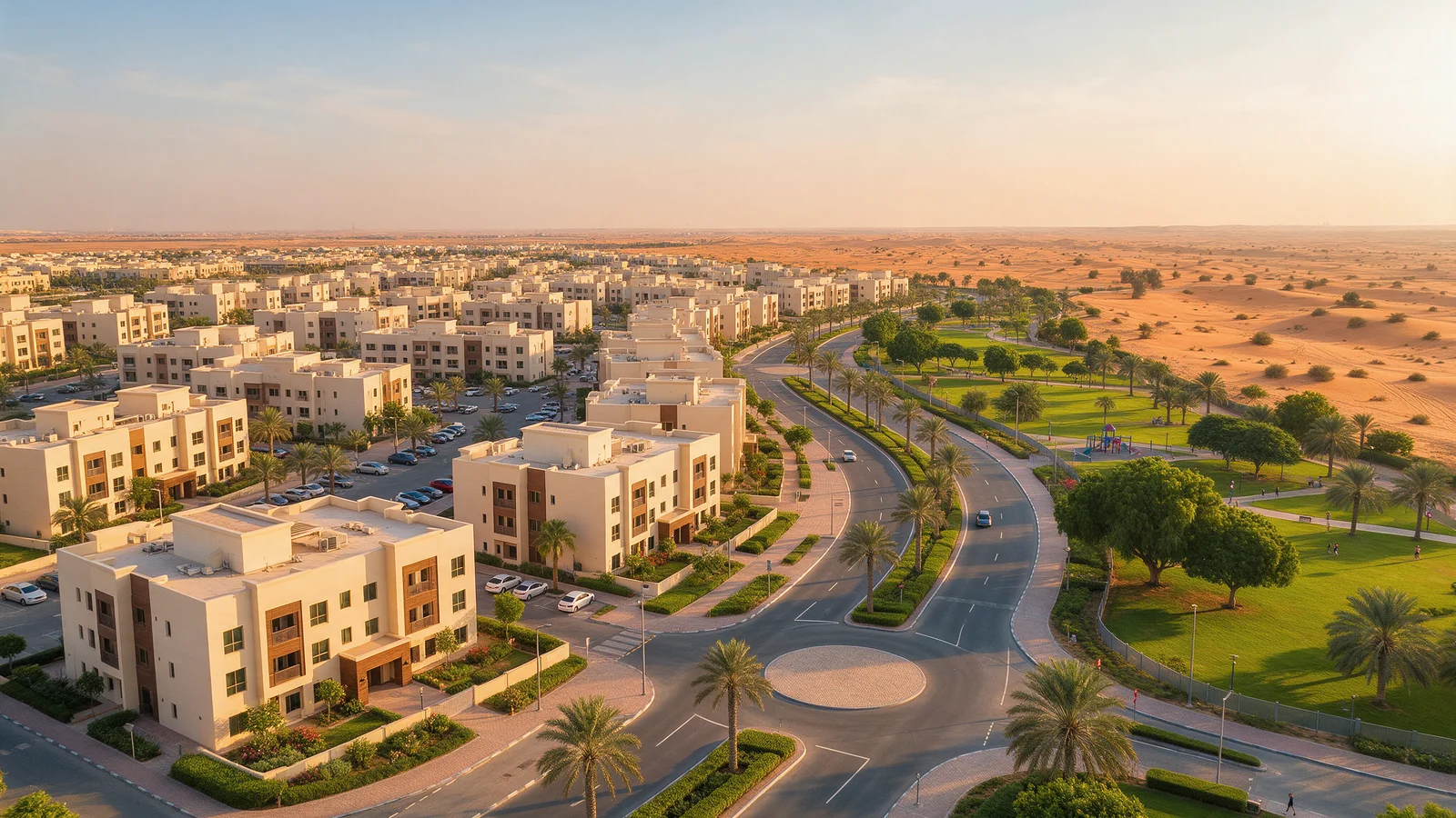 AI-generated illustration of low-rise apartment blocks beside a curving road with a park and desert beyond