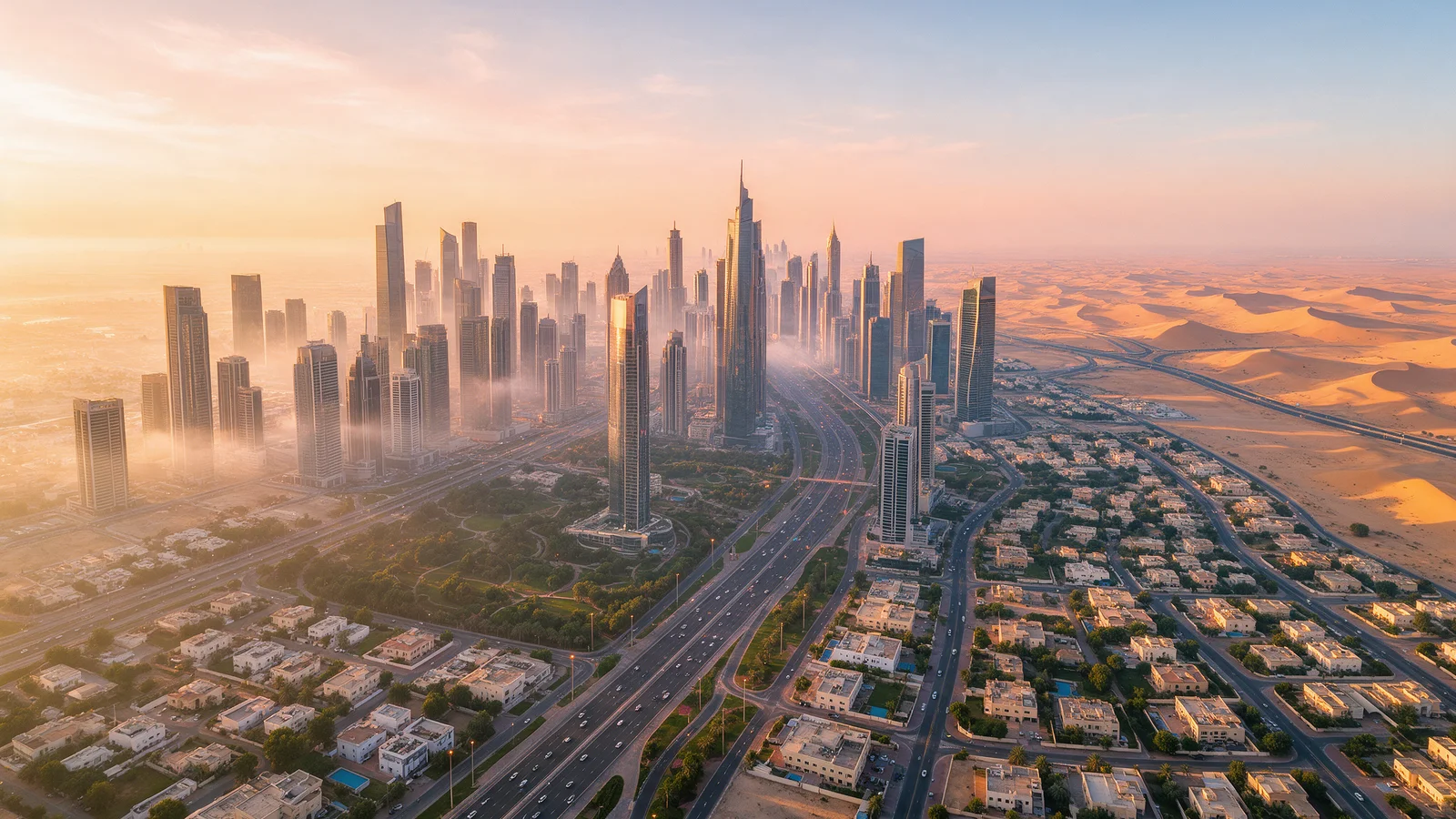 AI-generated illustration of a Dubai skyline and residential districts at sunrise