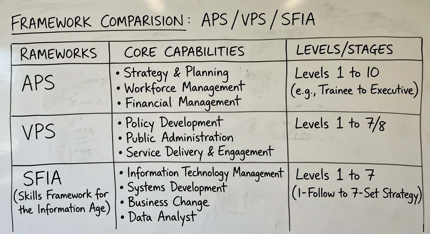 Table comparing Australian public sector frameworks.
