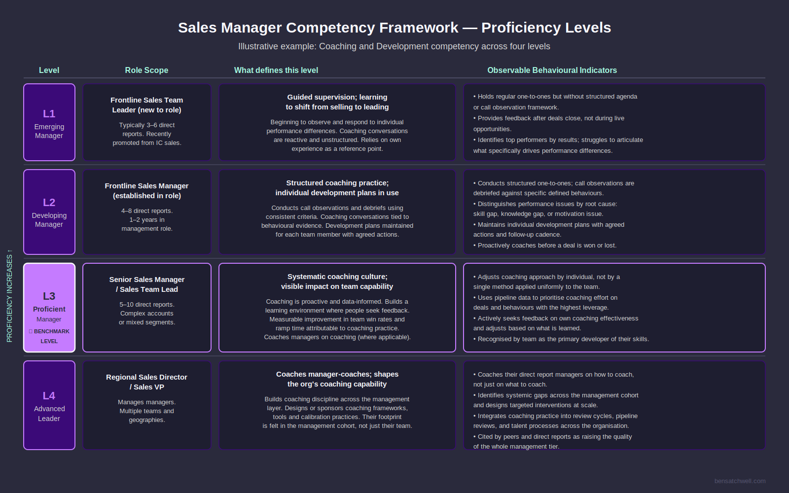 Sales manager competency framework levels progression showing four proficiency levels from emerging to advanced