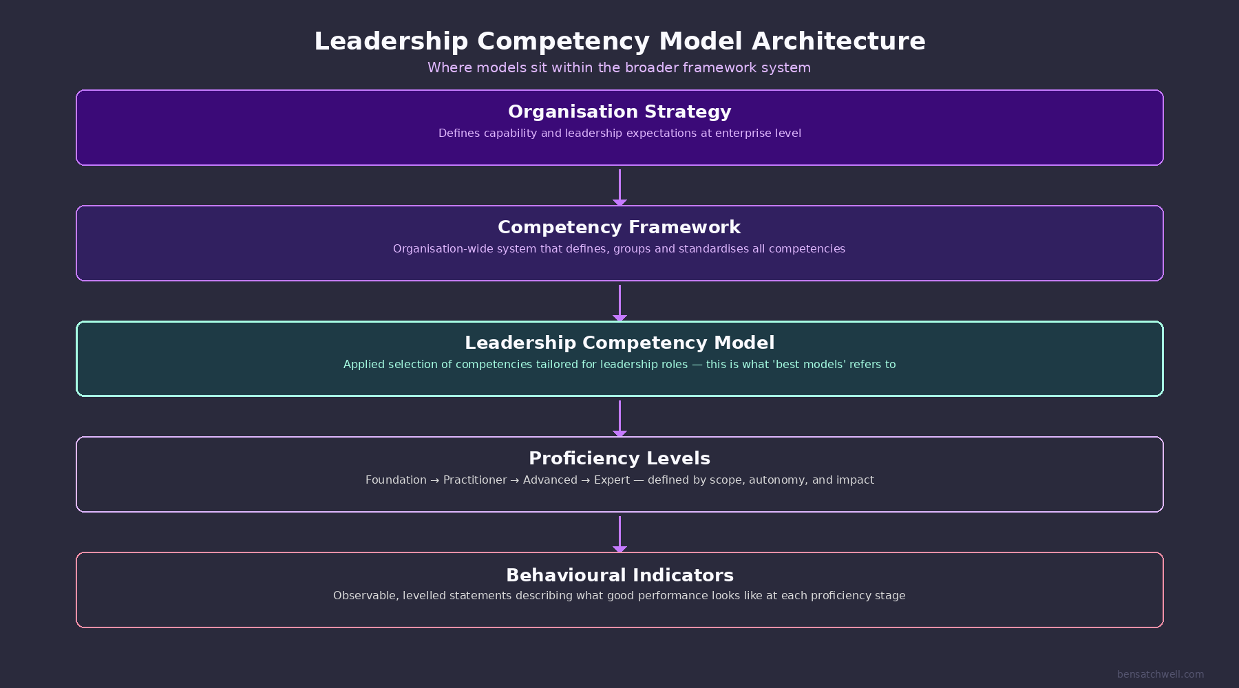 Architecture diagram showing where best leadership competency models sit within the broader framework system