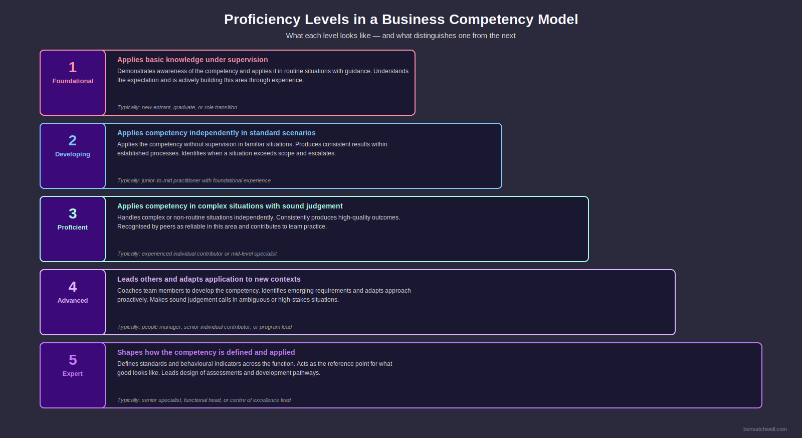Business competency model proficiency levels showing progression from emerging to expert across five stages