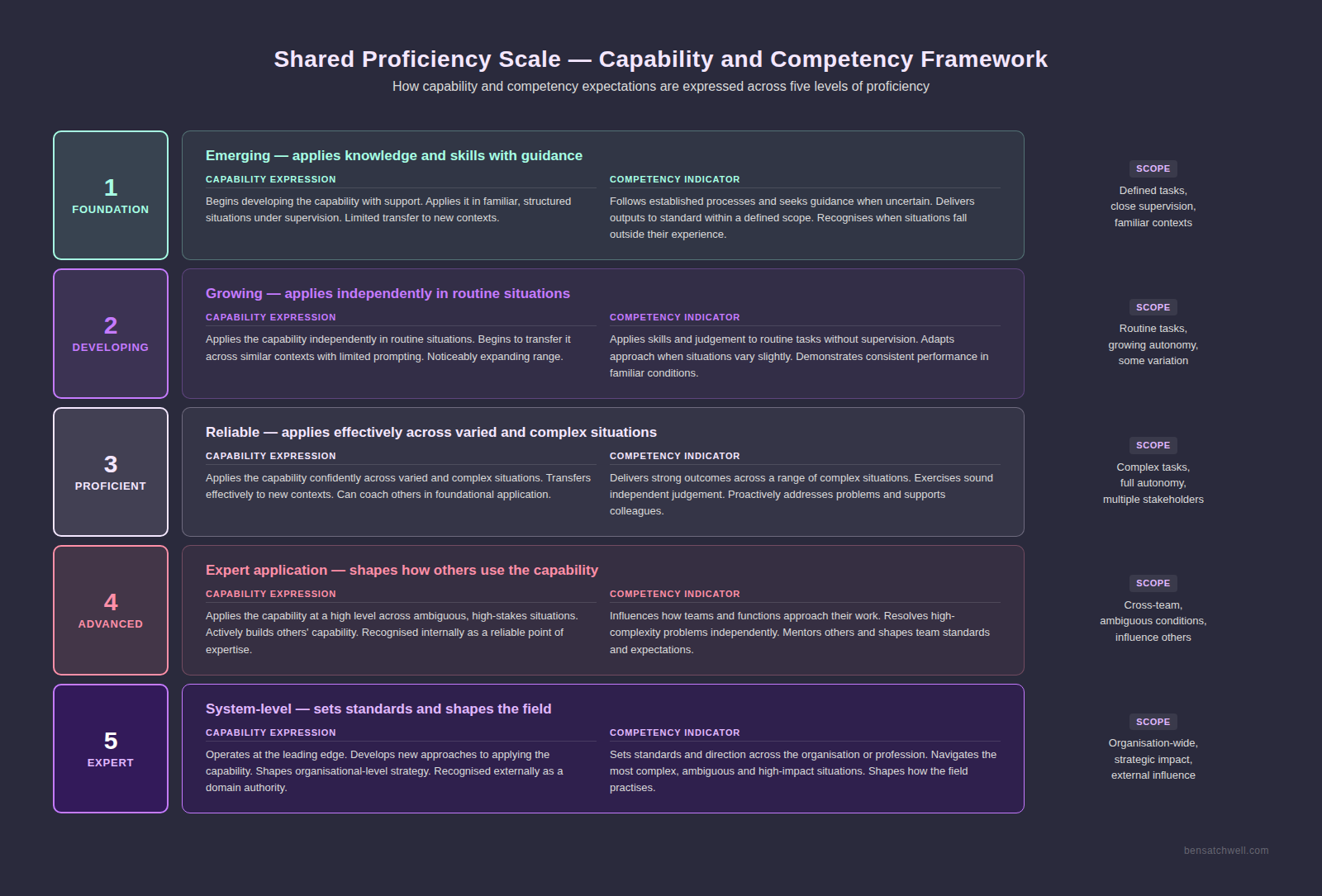 Five-level shared proficiency scale for capability and competency framework from Foundation to Expert