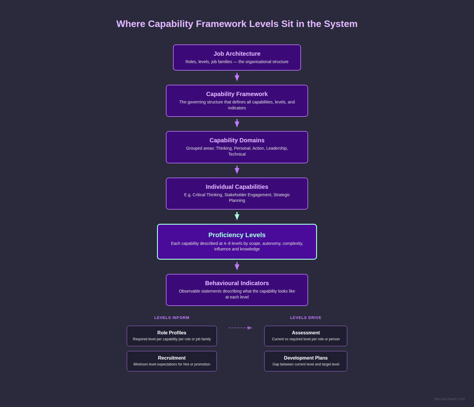 Diagram showing where capability framework levels sit within the broader system of capability frameworks, domains, capabilities and behavioural indicators