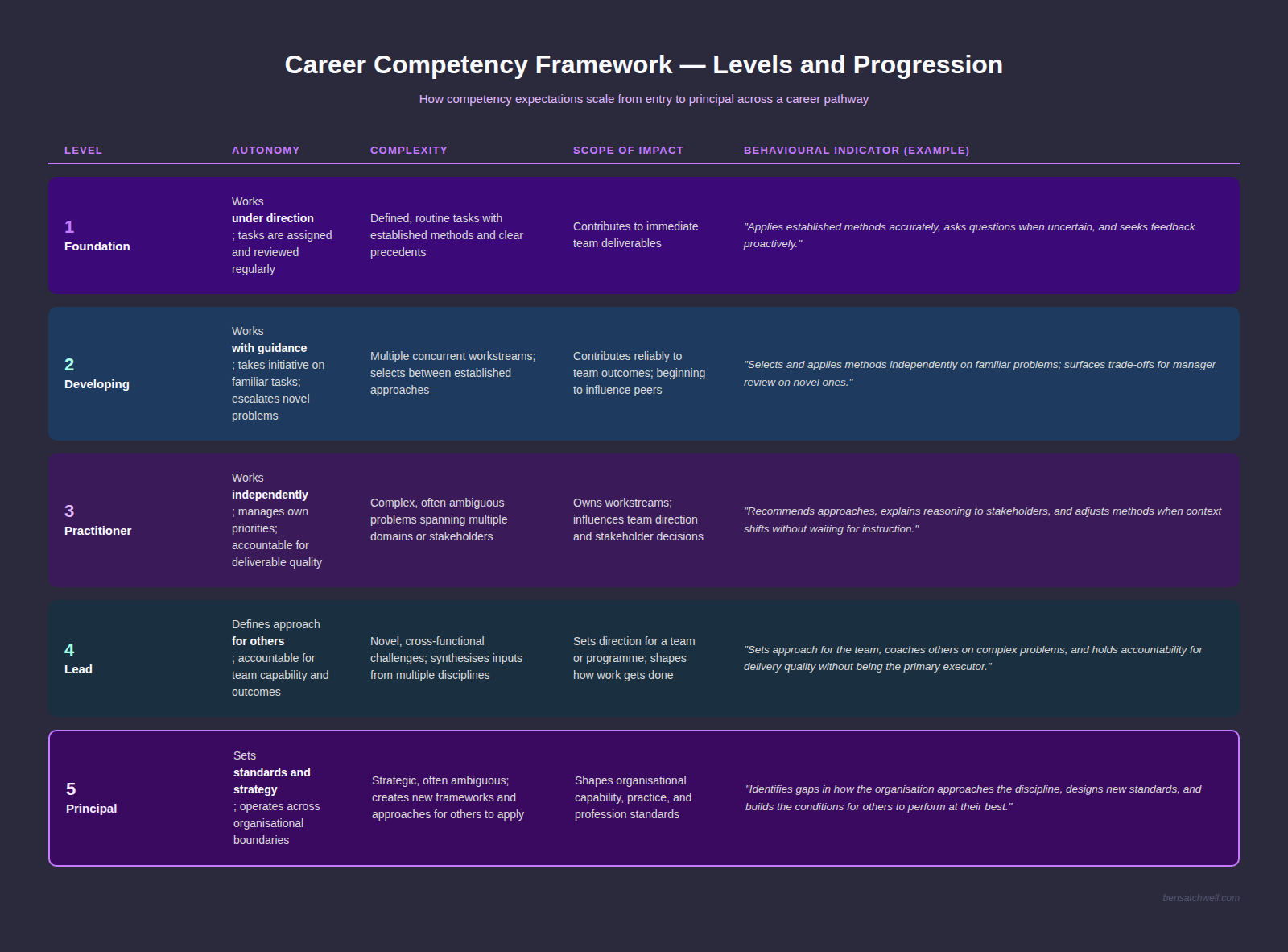 career competency framework levels and progression table showing five career levels from foundation to principal with autonomy, complexity and scope dimensions
