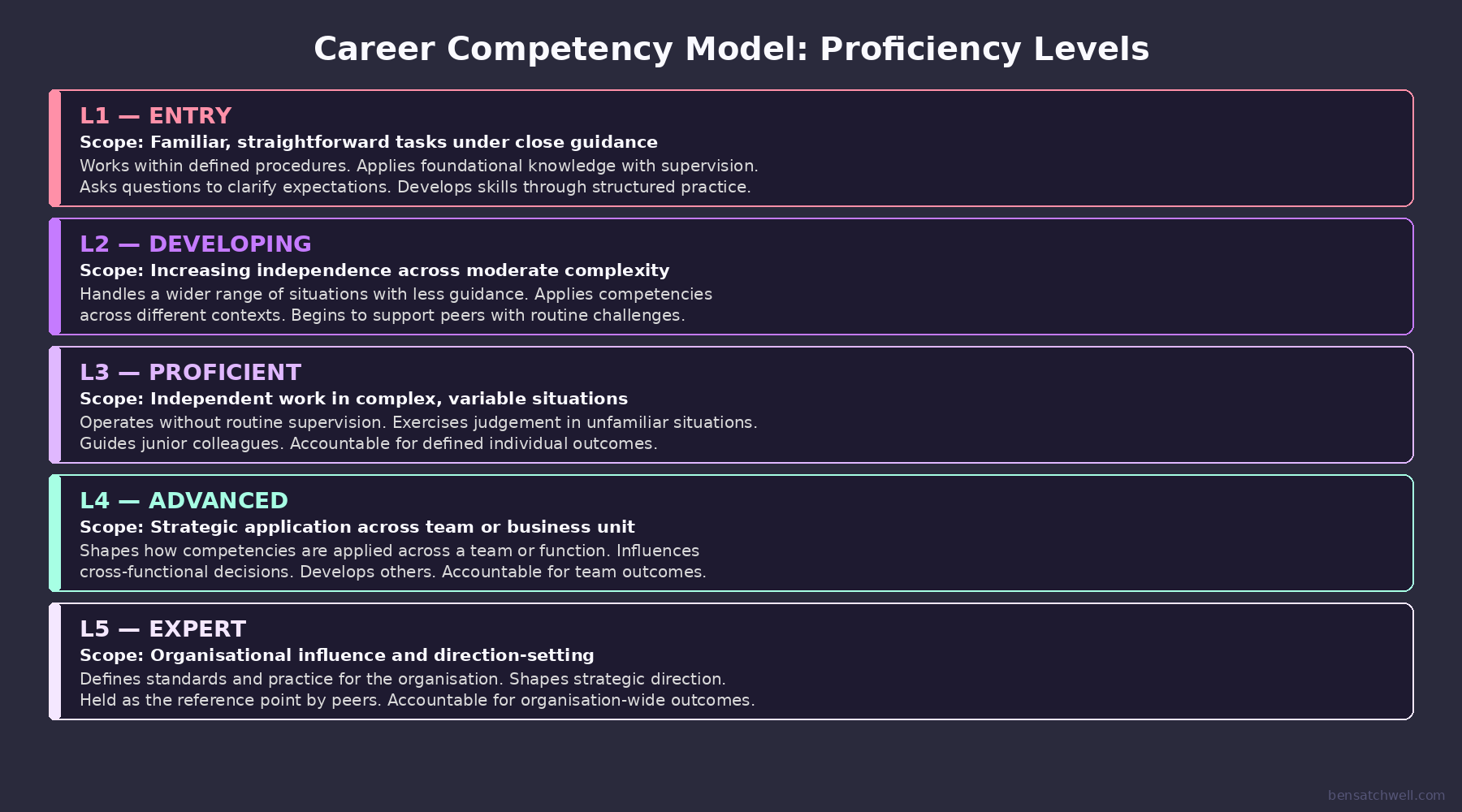 Career competency model levels progression diagram showing competency expectations across five career stages