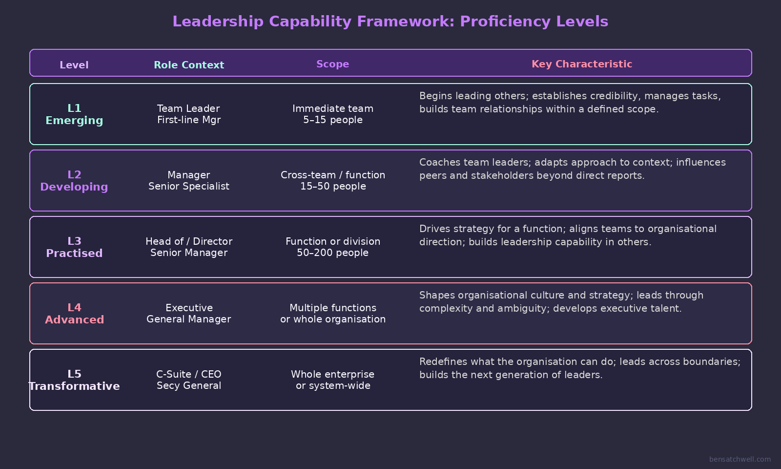 Leadership capability framework levels showing proficiency progression from emerging to transformative