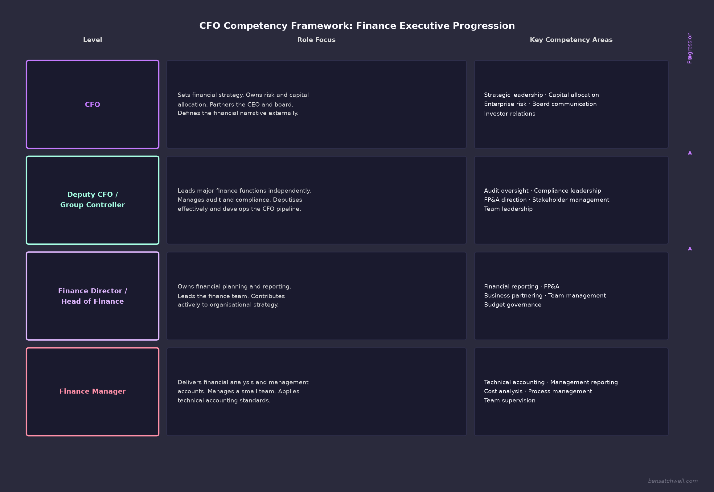 CFO competency framework levels showing progression from Finance Manager to CFO