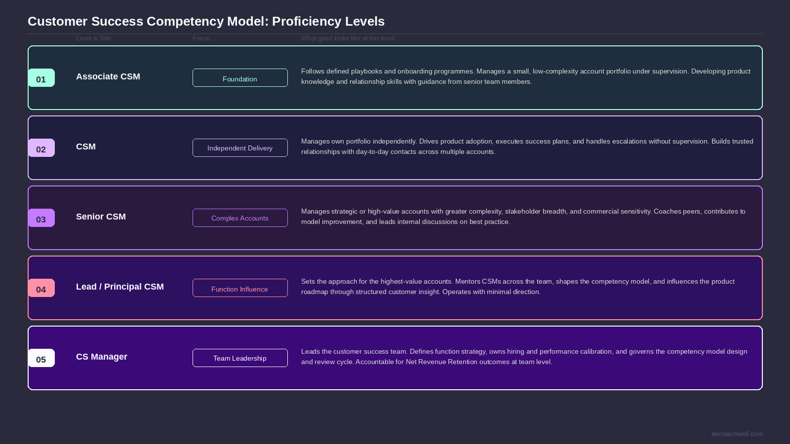 customer success competency model proficiency levels progression from associate CSM to CS manager