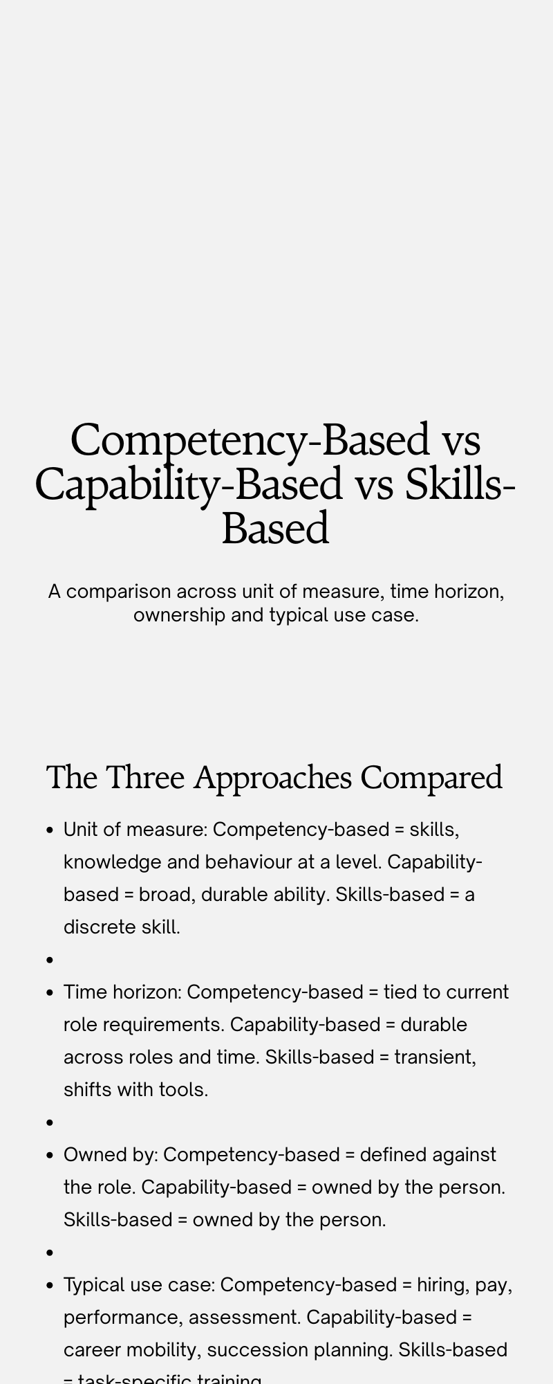 Comparison of a competency based framework against capability-based and skills-based approaches across unit of measure, time horizon, ownership and use case