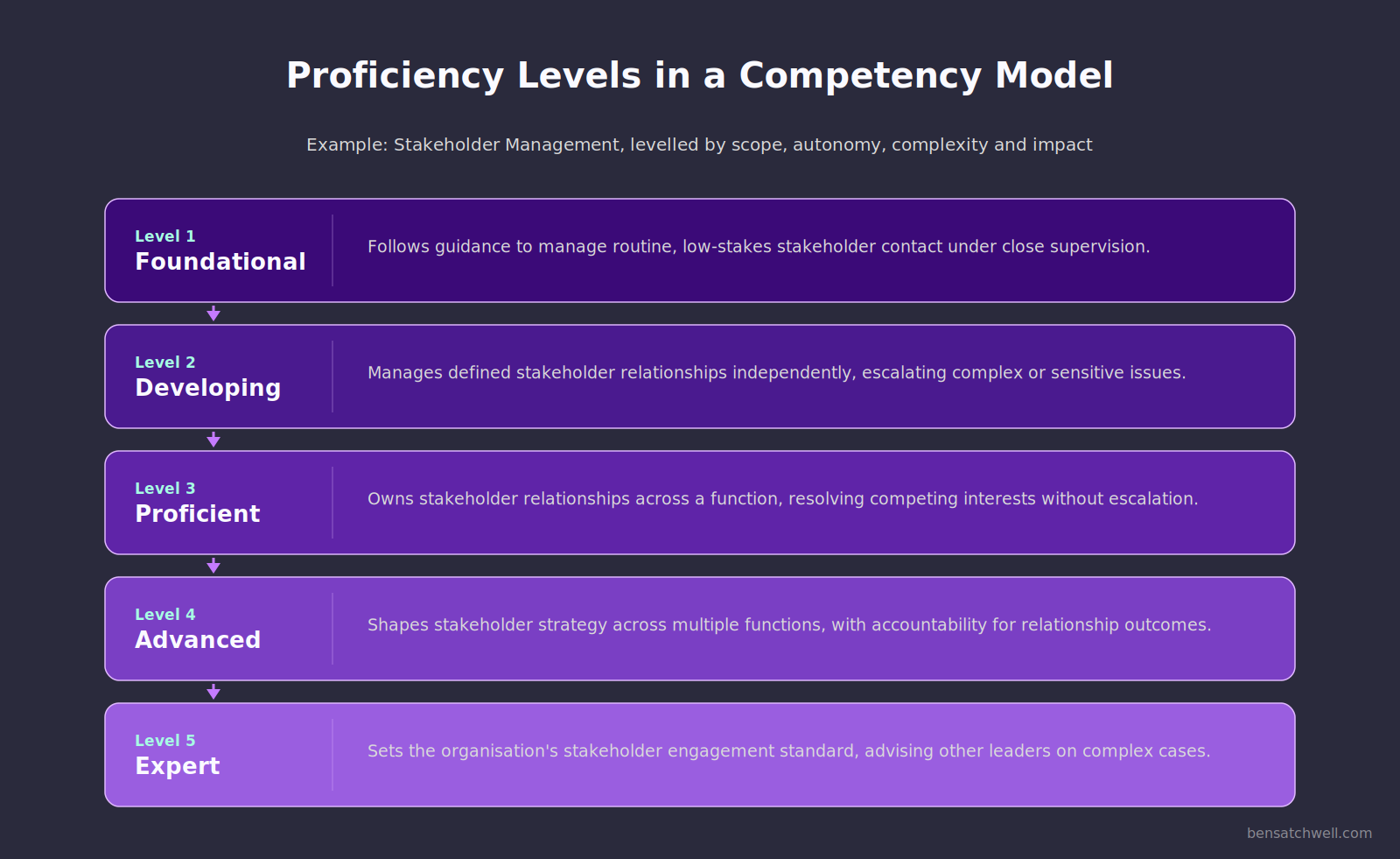 Proficiency levels in a competency model in HRM, from foundational to expert, for a stakeholder management competency