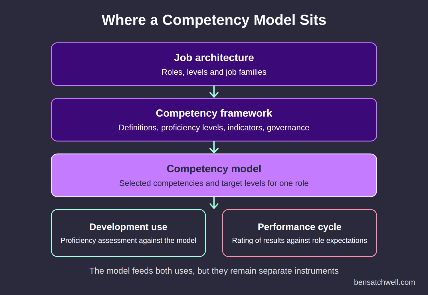 Diagram showing where a competency model sits between job architecture, the competency framework and the performance management cycle in competency model performance management