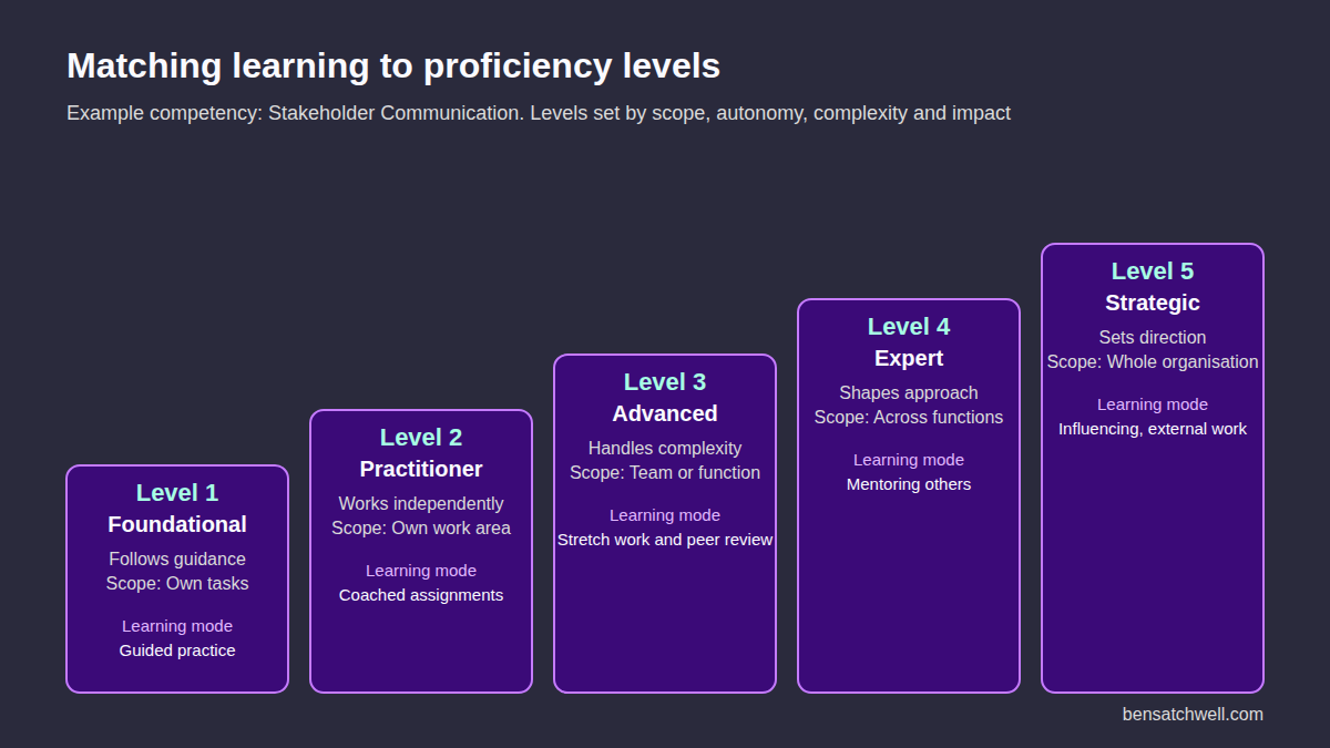Competency model training levels progression showing five proficiency levels and the learning mode suited to each