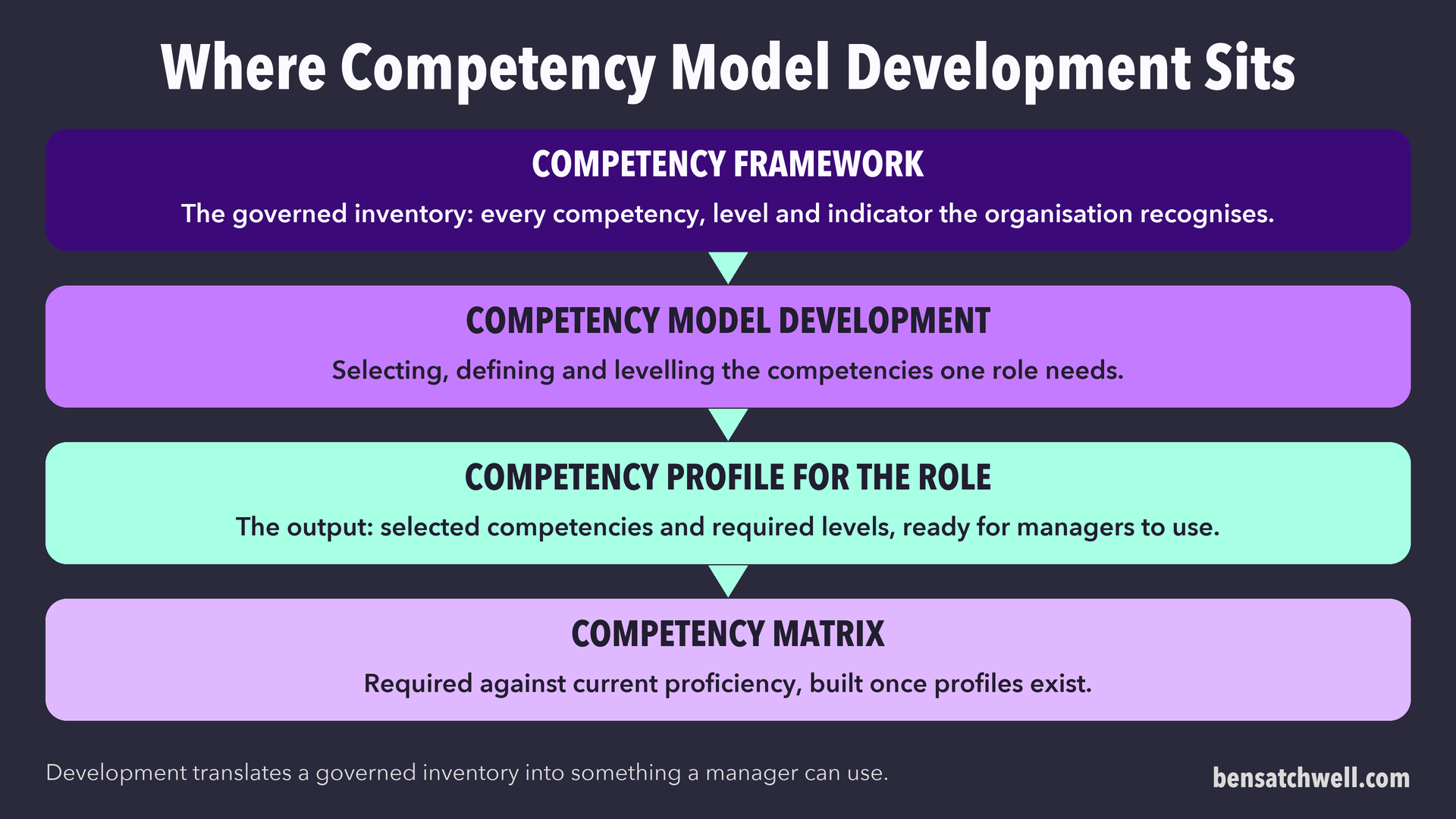 Diagram of competency model development sitting between the competency framework and the role-level profile and matrix