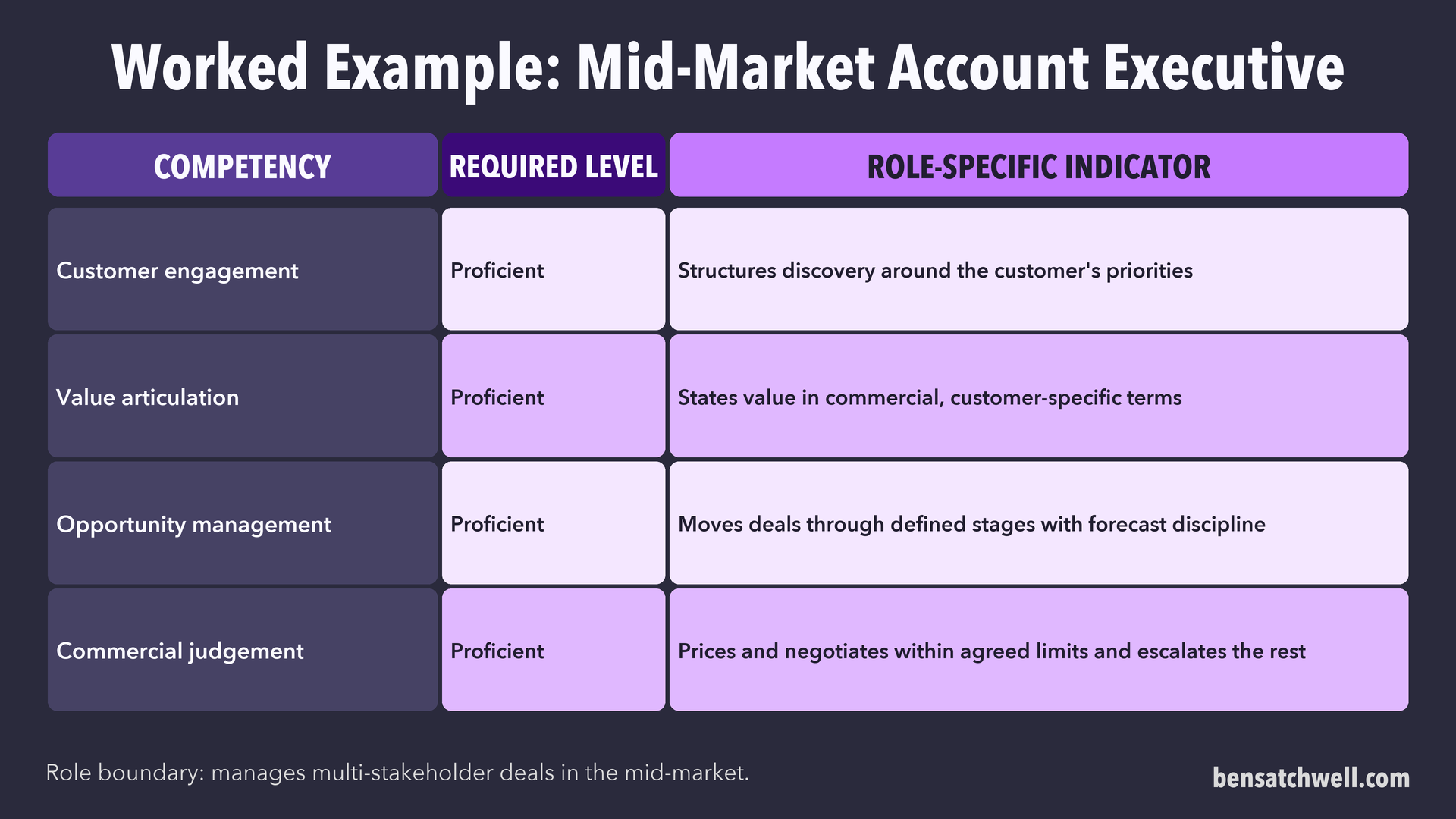 Worked example of a mid-market account executive profile with four competencies, required levels and role-specific indicators