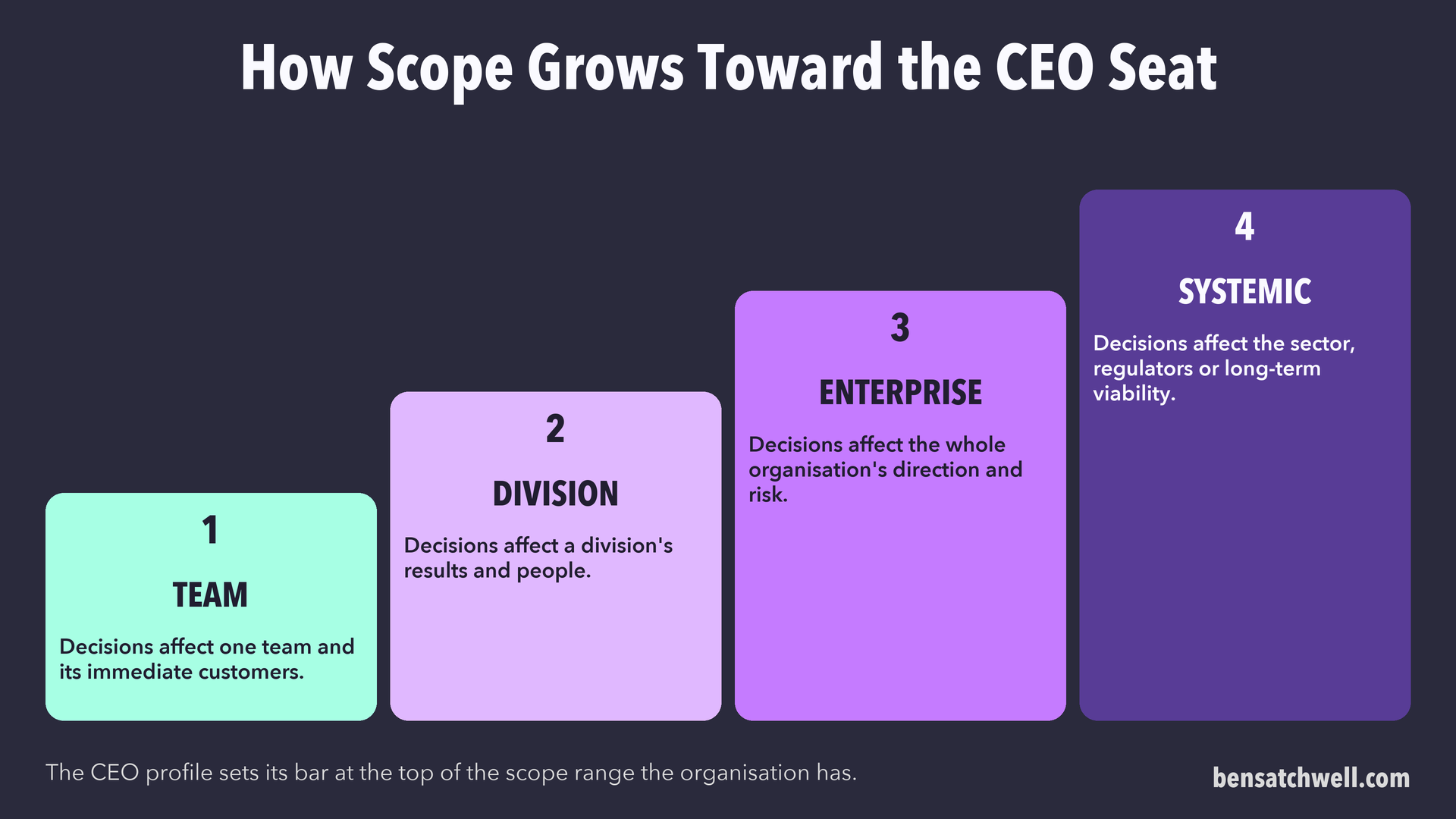 Four levels of scope from team to systemic, with the CEO profile at the top of the range