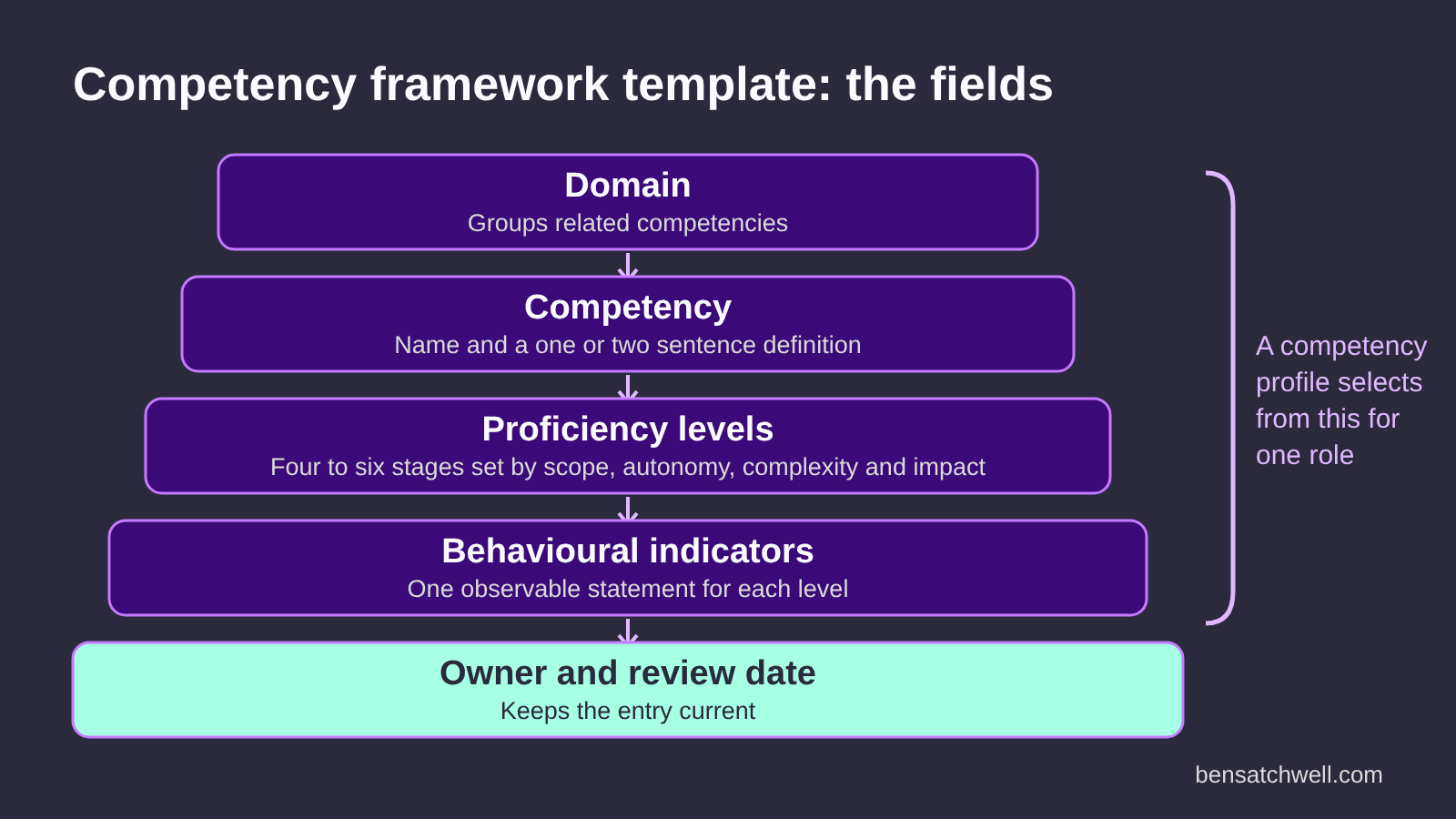 Competency framework template structure diagram showing domain, competency, definition, proficiency levels and behavioural indicators