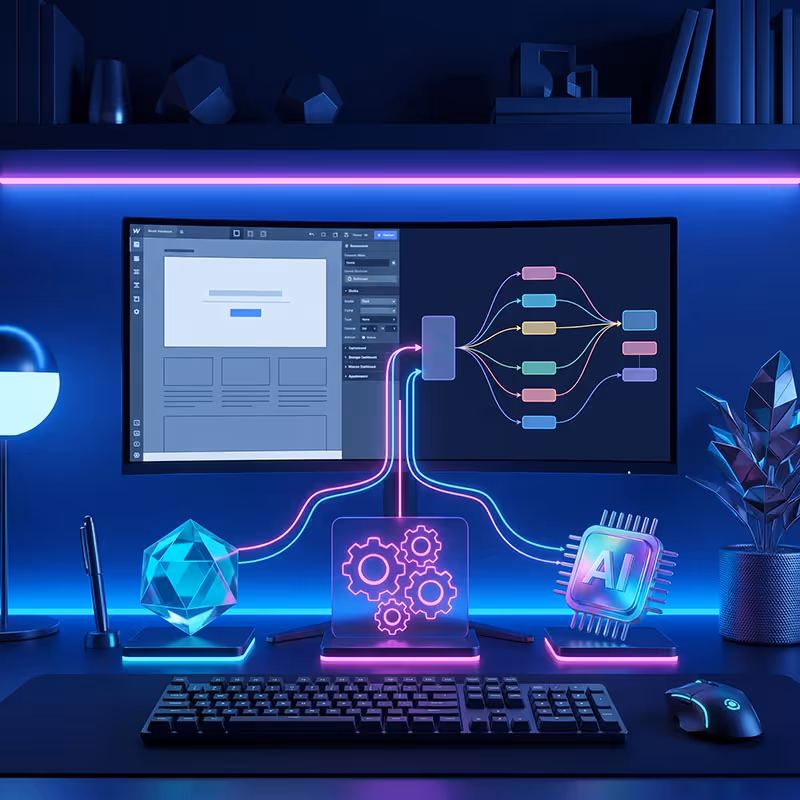 Webflow-Designer verbunden mit Zahnrad- und KI-Chip-Icon – Automation und KI-Integration per n8n und Make