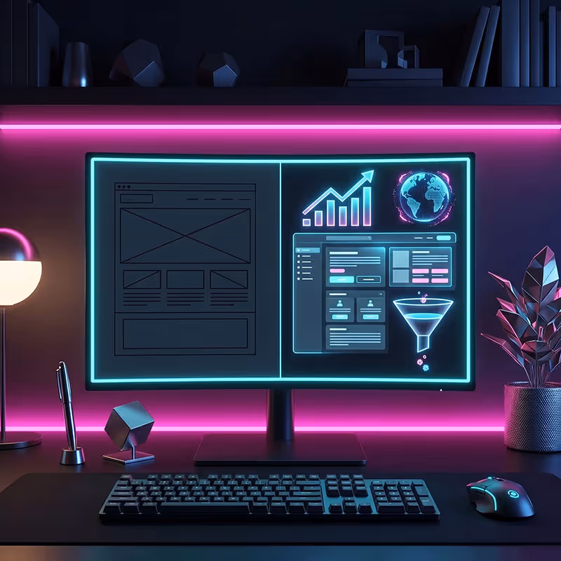 Monitor mit Webflow-Wireframe und Analytics-Dashboard – Neuentwicklung einer Marketing-Website